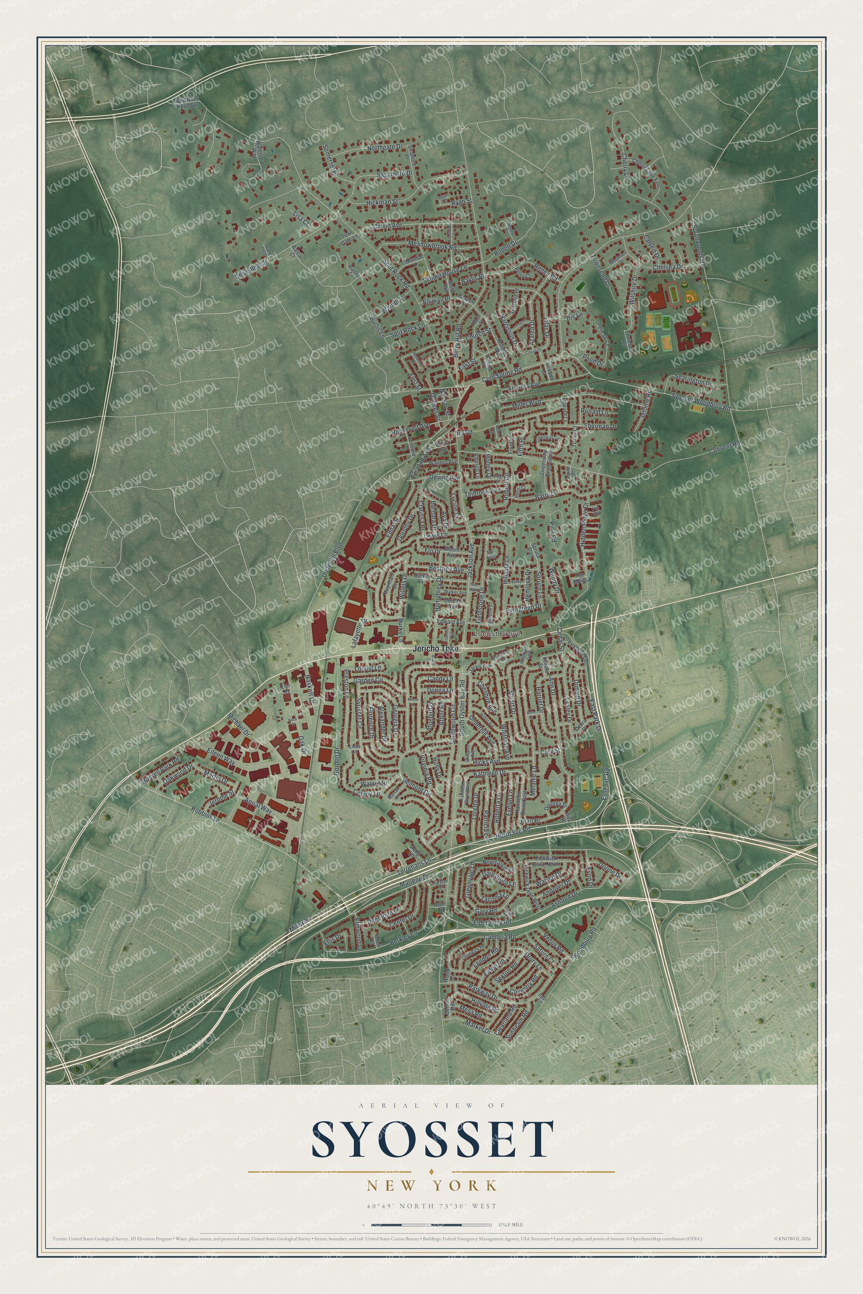 Detailed map of Syosset, New York, showing streets and buildings