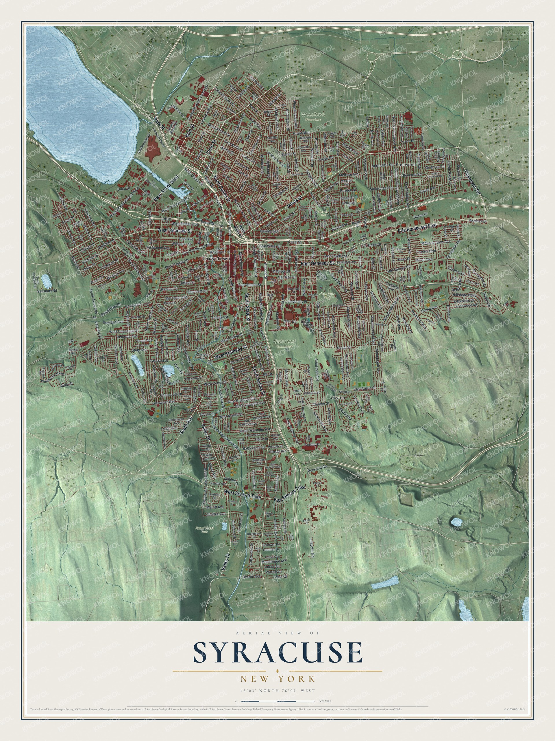 Detailed map of Syracuse, New York, showing streets, buildings, neighborhoods, and parks