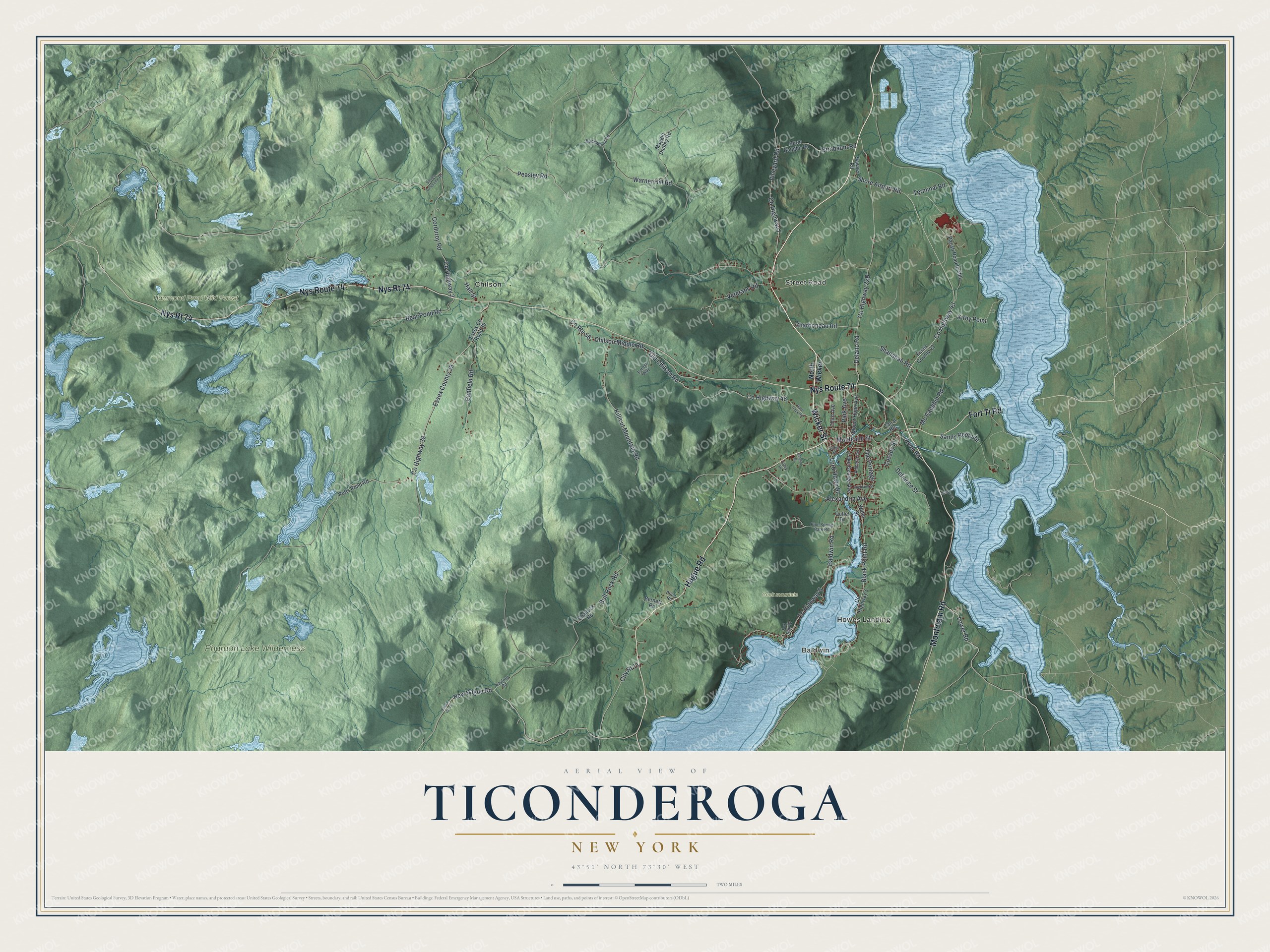 Detailed map of Ticonderoga, New York, showing streets, buildings, neighborhoods, and parks