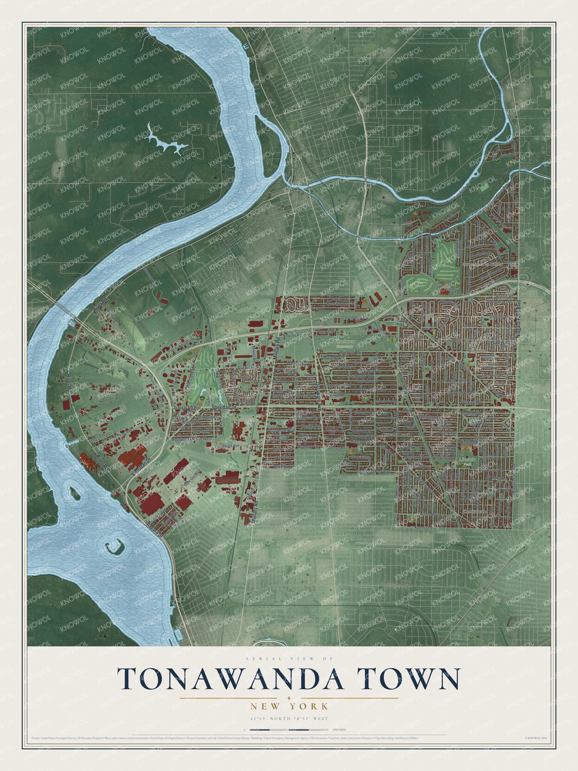 Detailed map of Tonawanda Town, New York, showing streets, buildings, neighborhoods, and parks