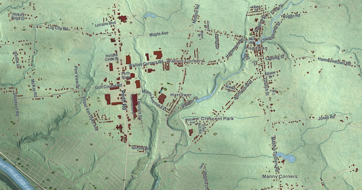Close-up of streets and buildings in the Town of Amsterdam, Montgomery County, New York
