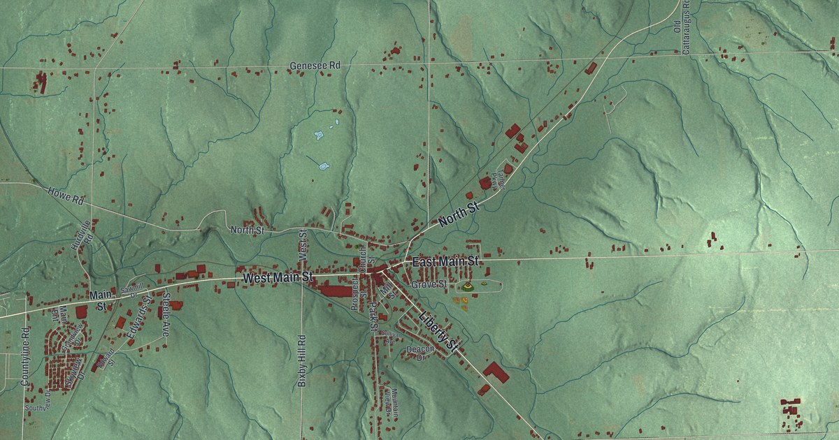 Close-up of streets and buildings in the Town of Arcade, New York