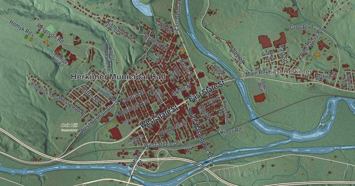 Close-up of streets and buildings in the Town of Herkimer, New York