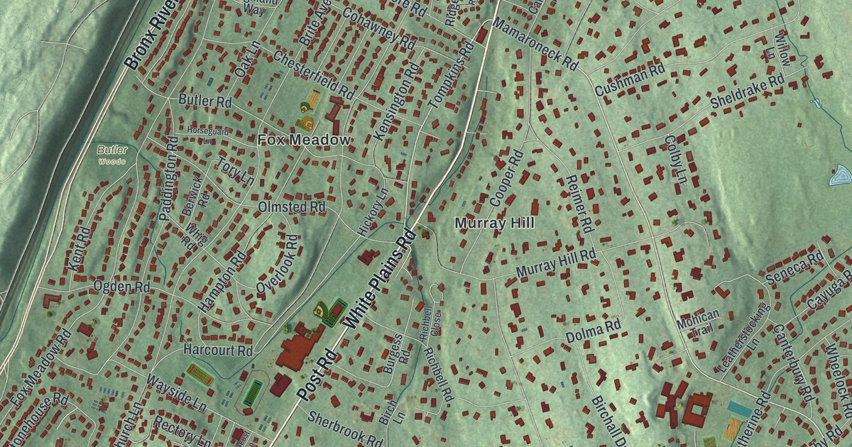 Close-up of streets and buildings in the Town of Scarsdale, New York