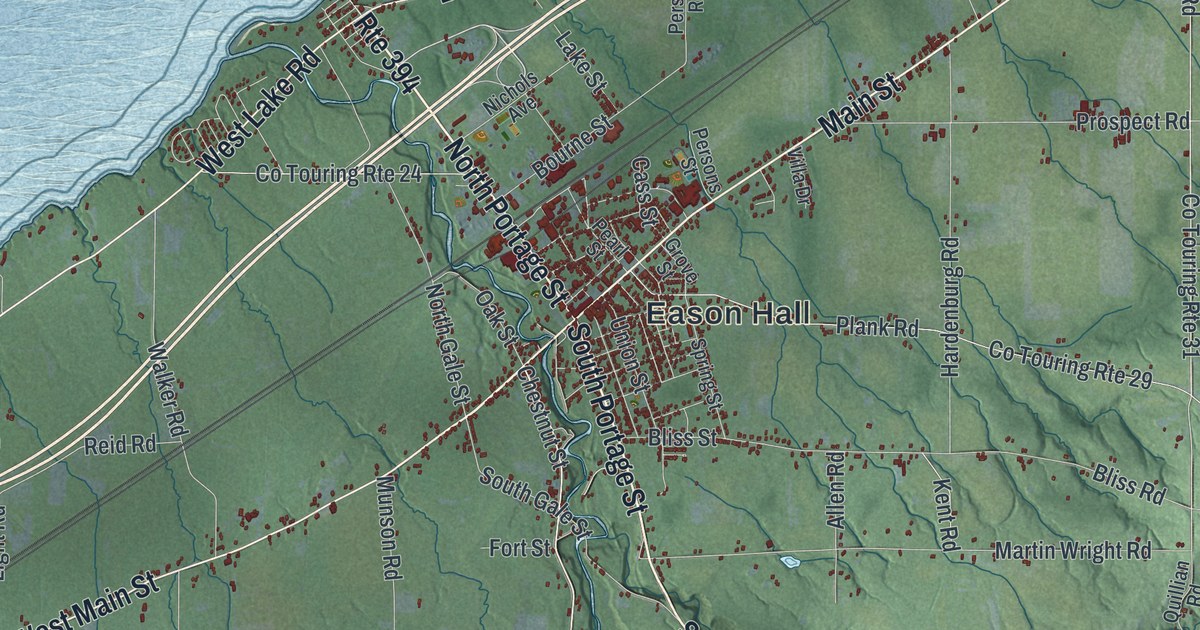 Close-up of streets and buildings in the Town of Westfield, New York