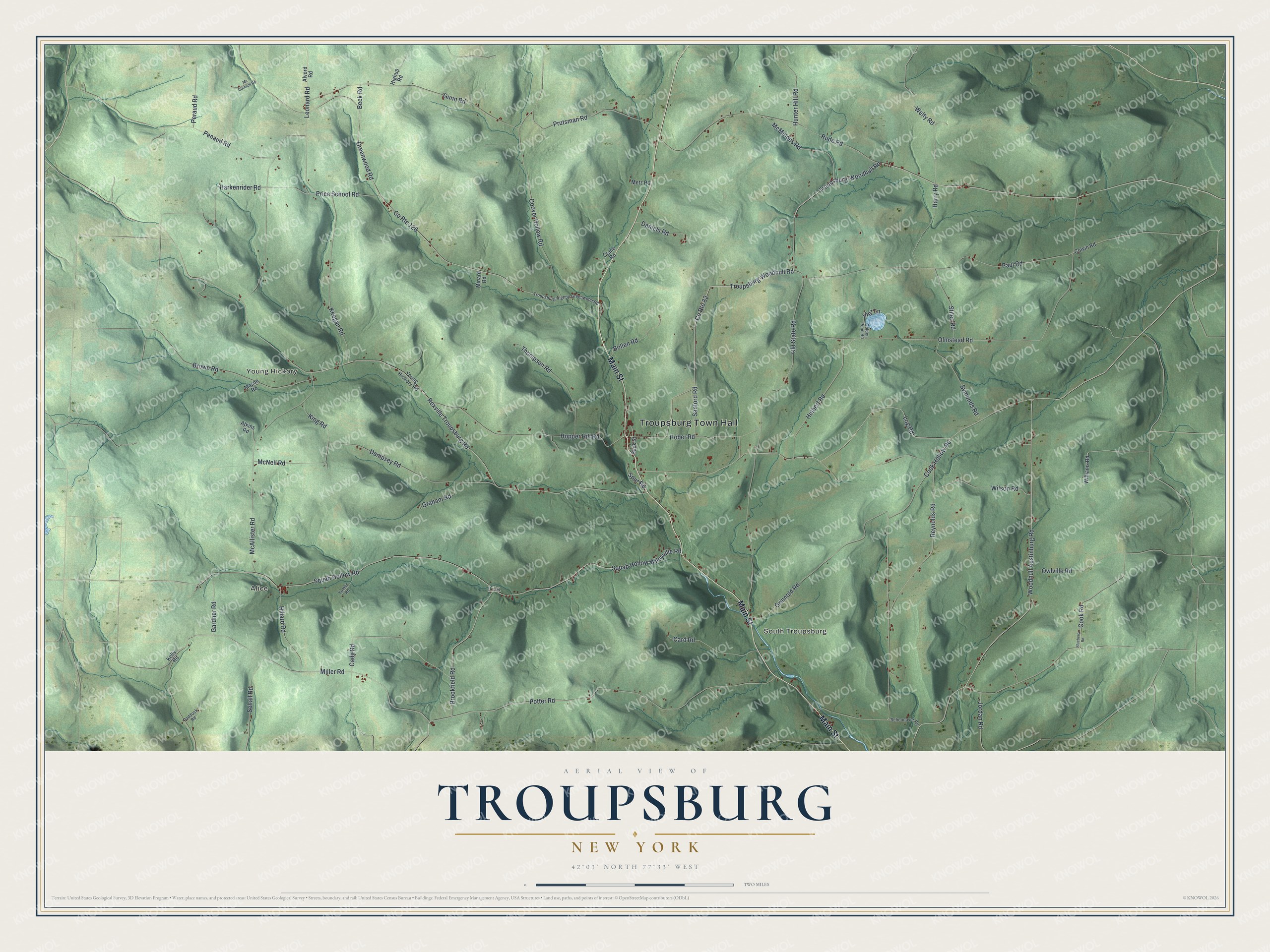 Detailed map of Troupsburg, New York, showing streets, buildings, and neighborhoods