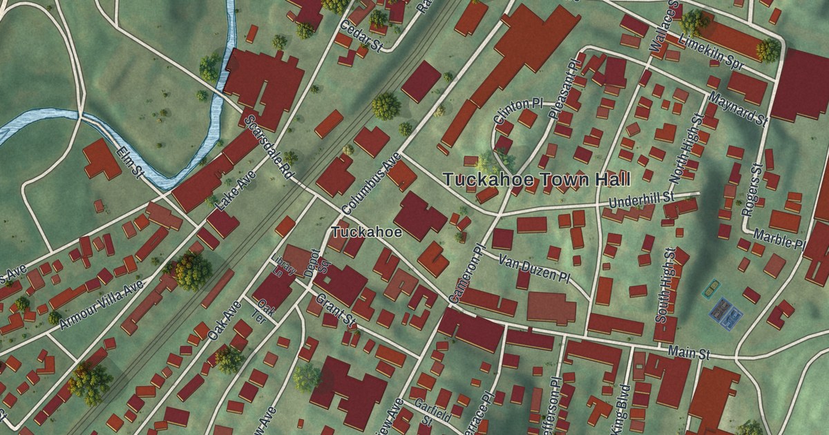 Close-up of streets and buildings in Tuckahoe, New York
