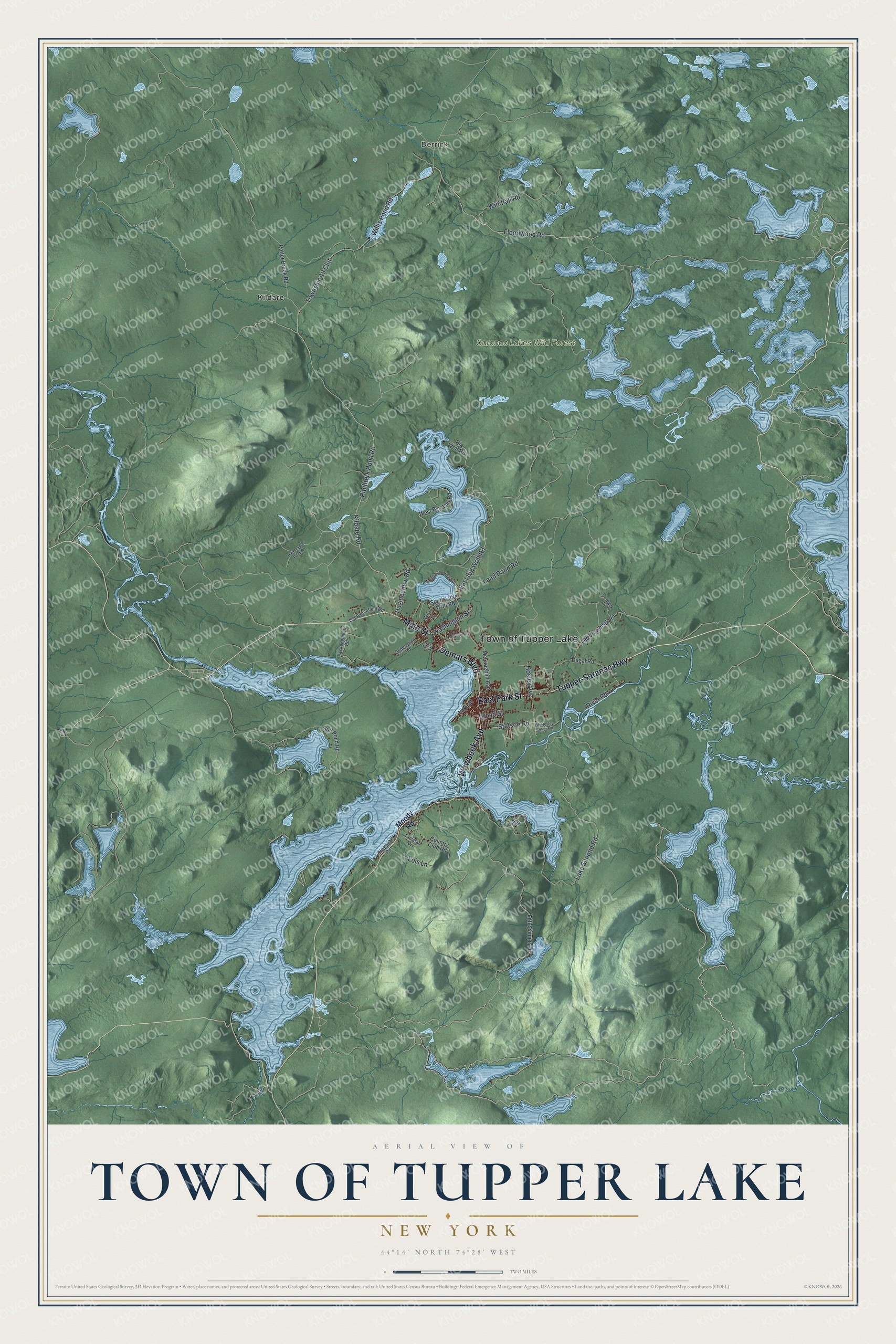 Detailed map of the Town of Tupper Lake, New York, showing streets, buildings, neighborhoods, and parks
