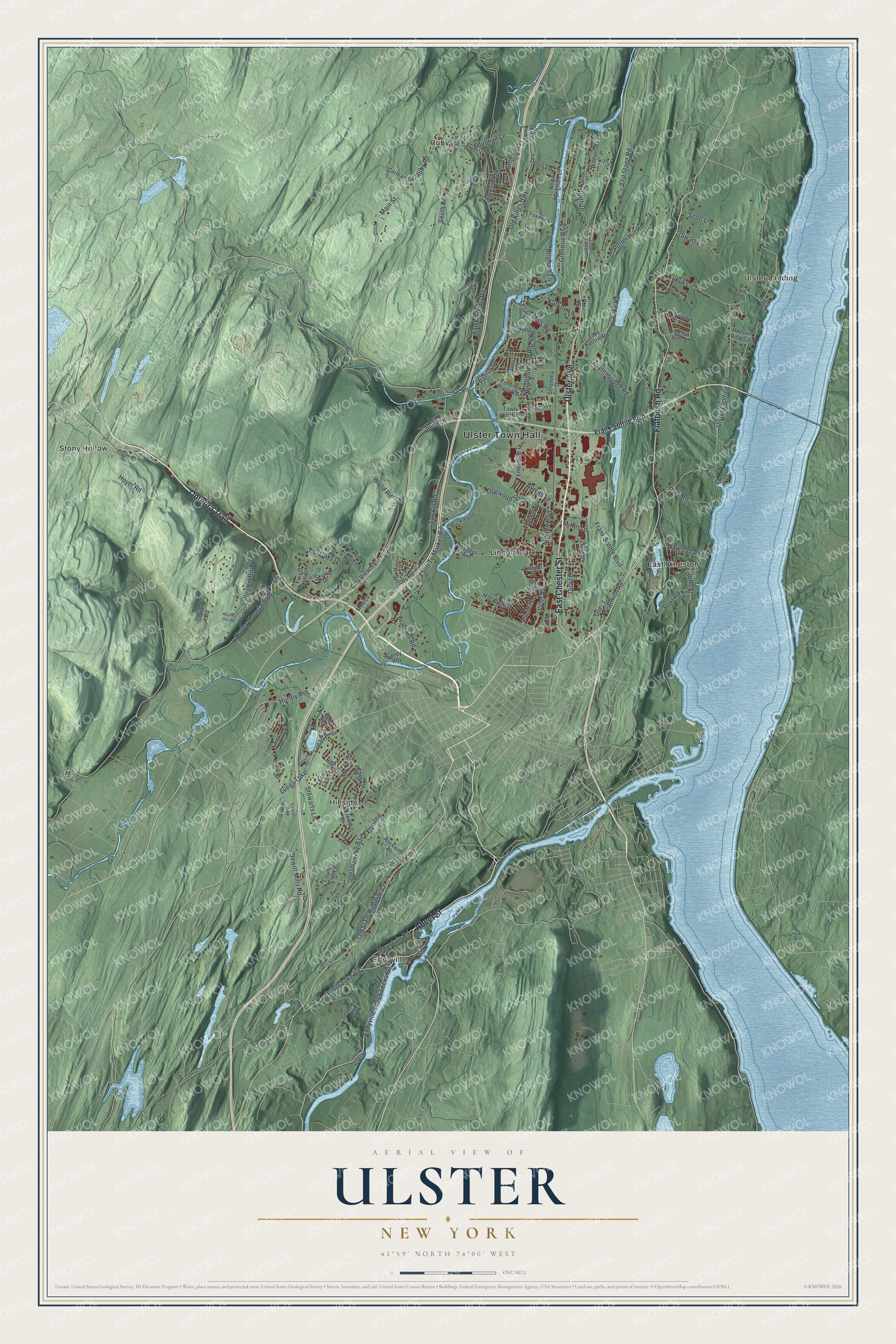 Detailed map of Ulster, New York, showing streets, buildings, and neighborhoods