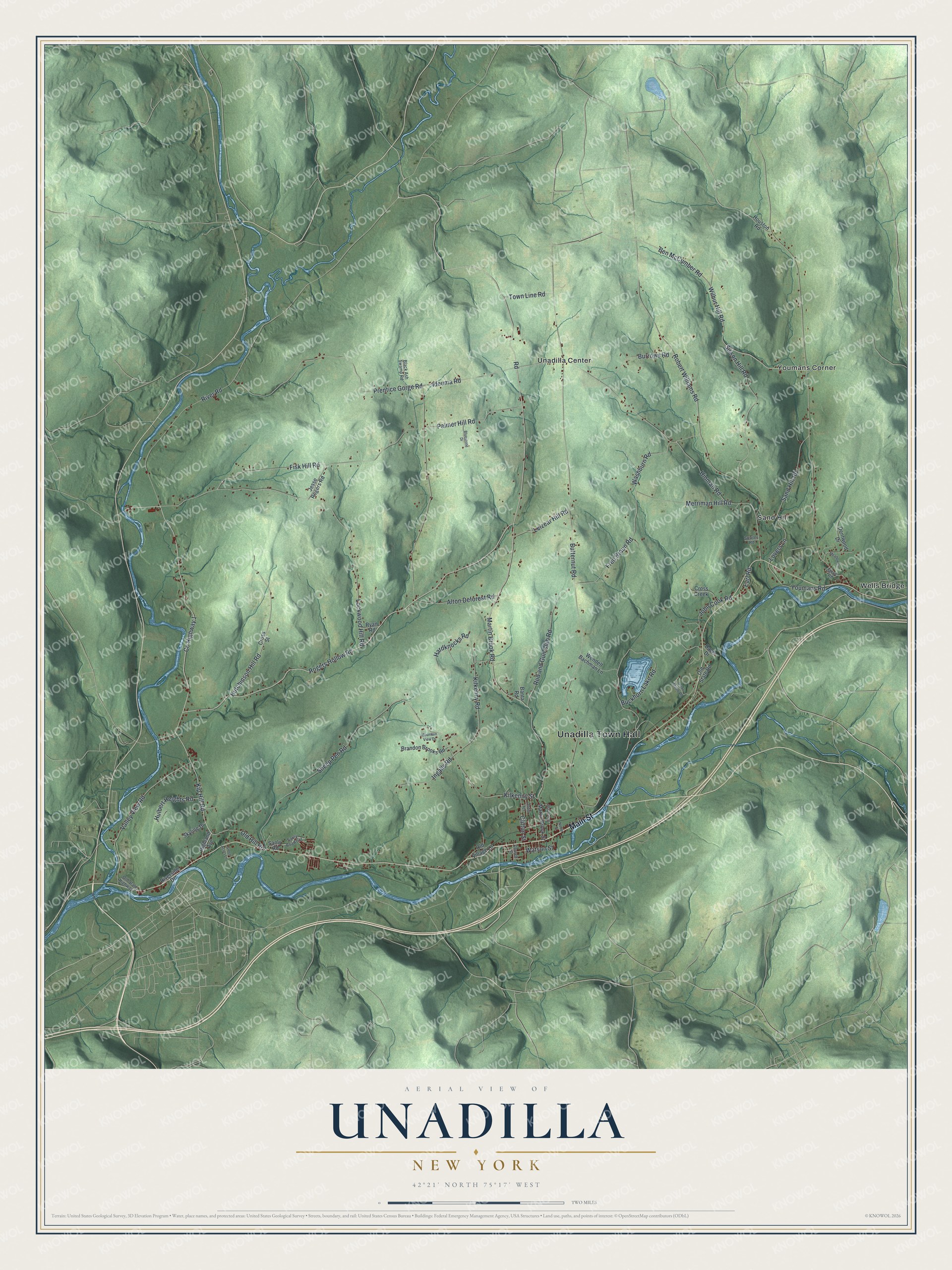 Detailed map of Unadilla, New York, showing streets, buildings, and neighborhoods