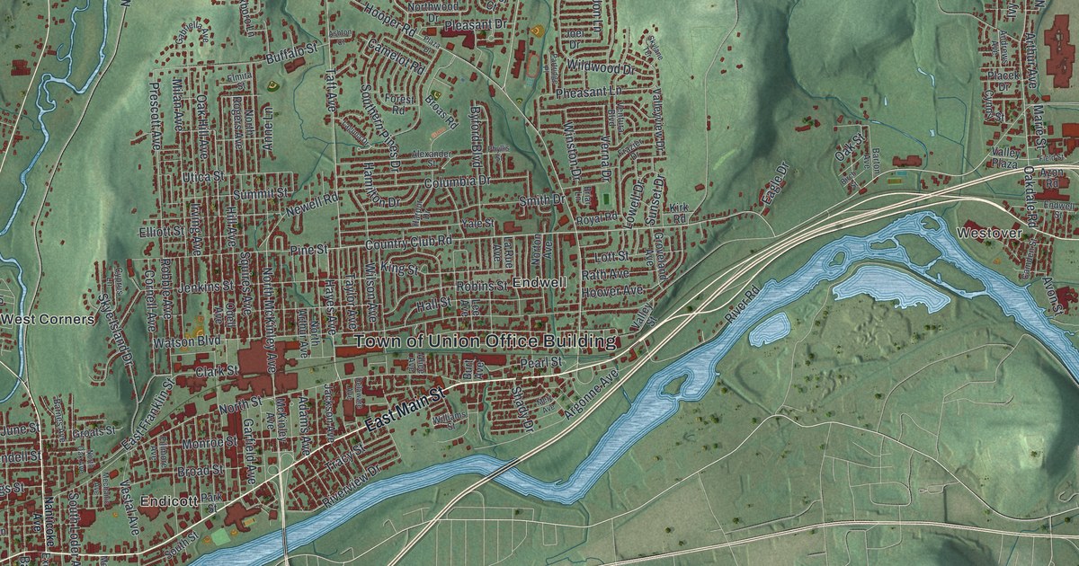 Close-up of streets and buildings in Union, New York
