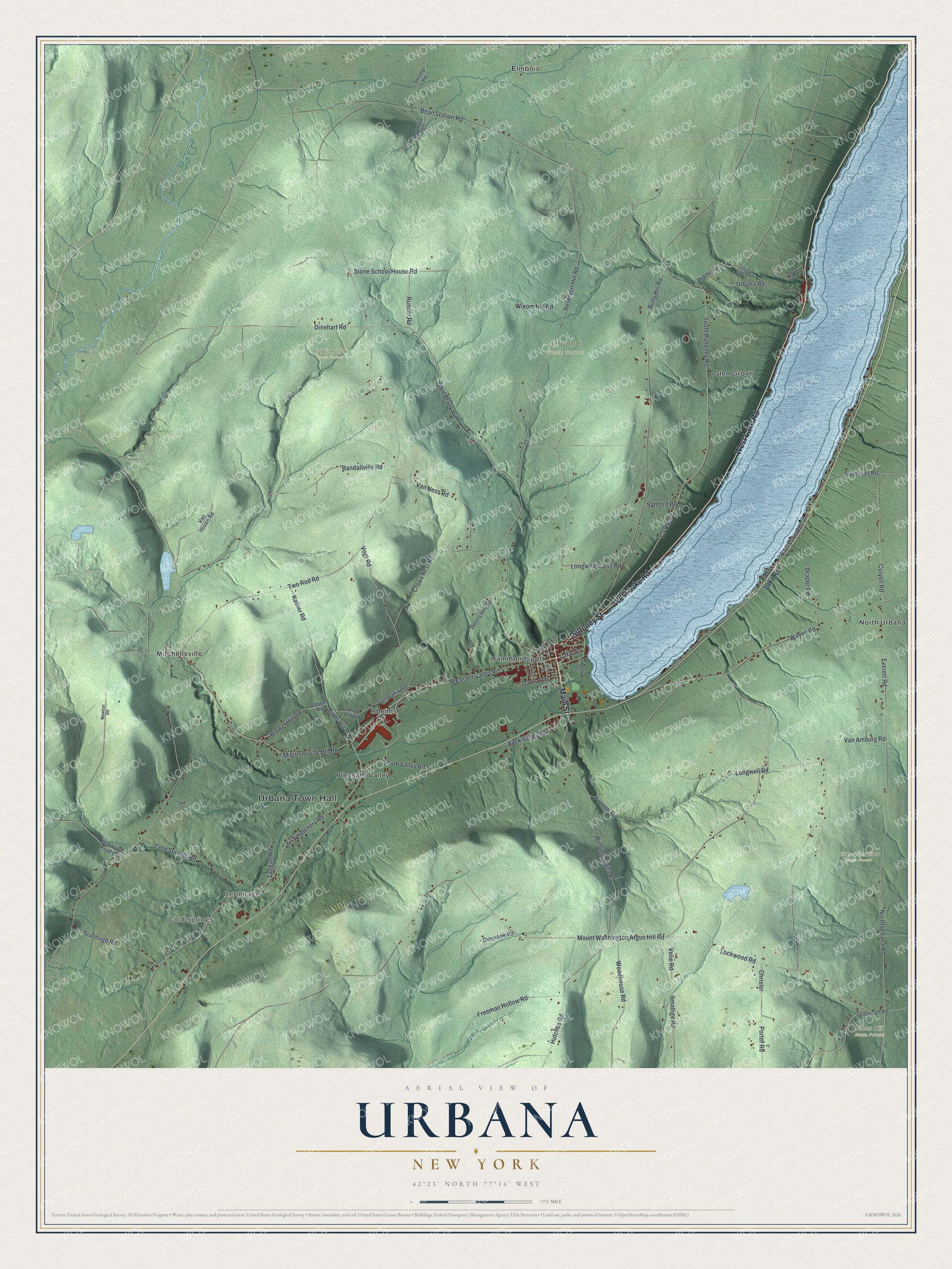 Detailed map of Urbana, New York, showing streets, buildings, neighborhoods, and parks