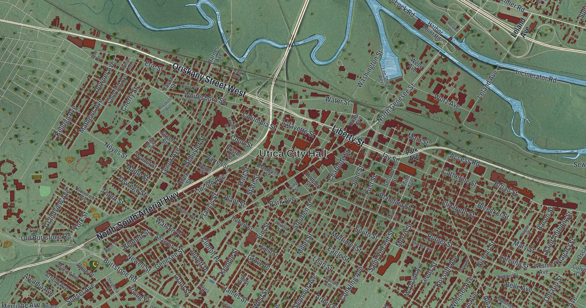 Close-up of streets and buildings in Utica, New York