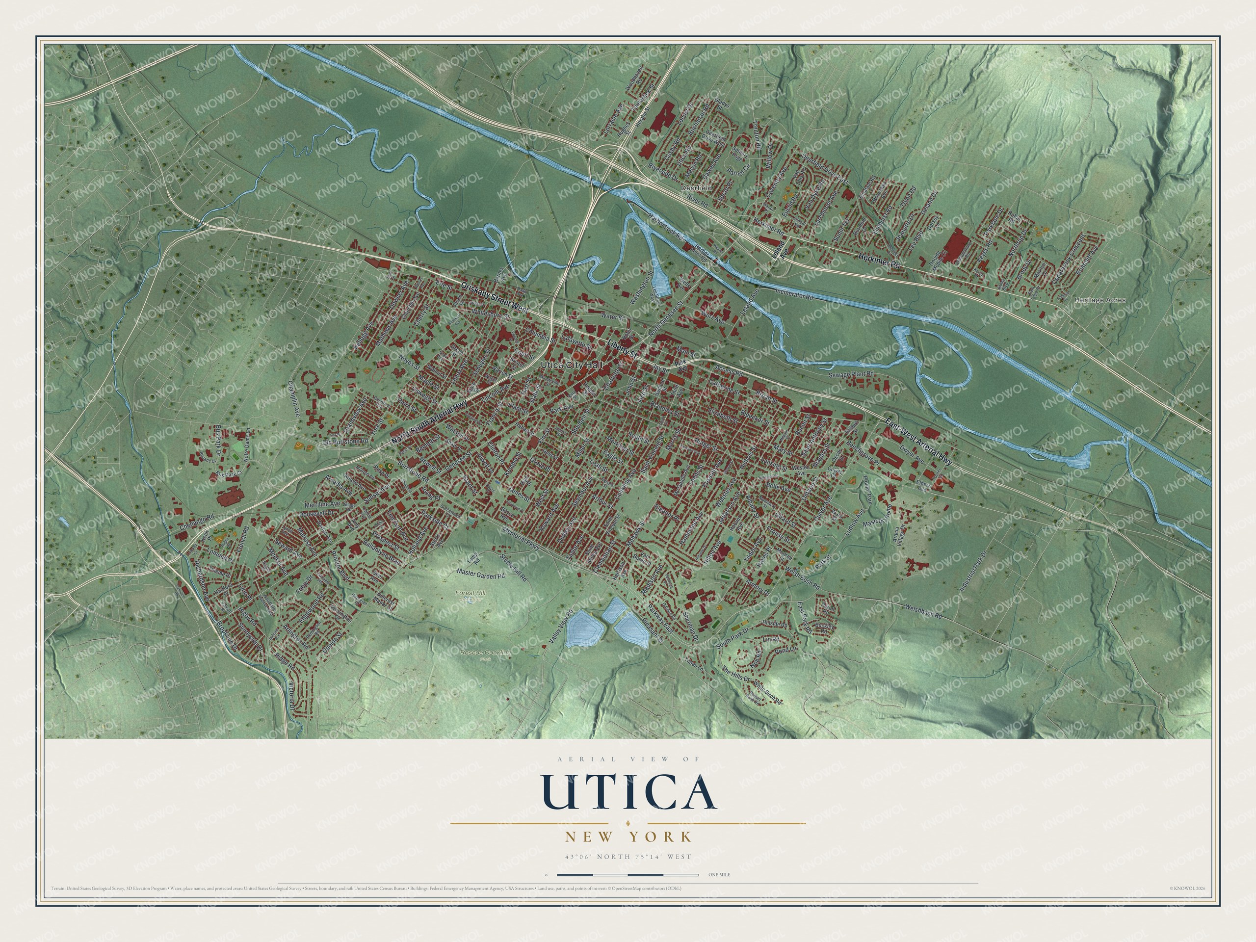Detailed map of Utica, New York, showing streets, buildings, neighborhoods, and parks