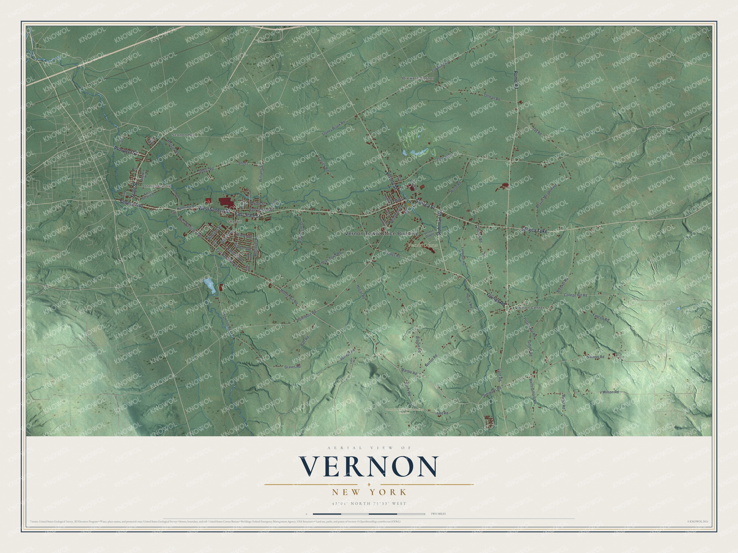 Detailed map of Vernon, New York, showing streets, buildings, neighborhoods, and parks