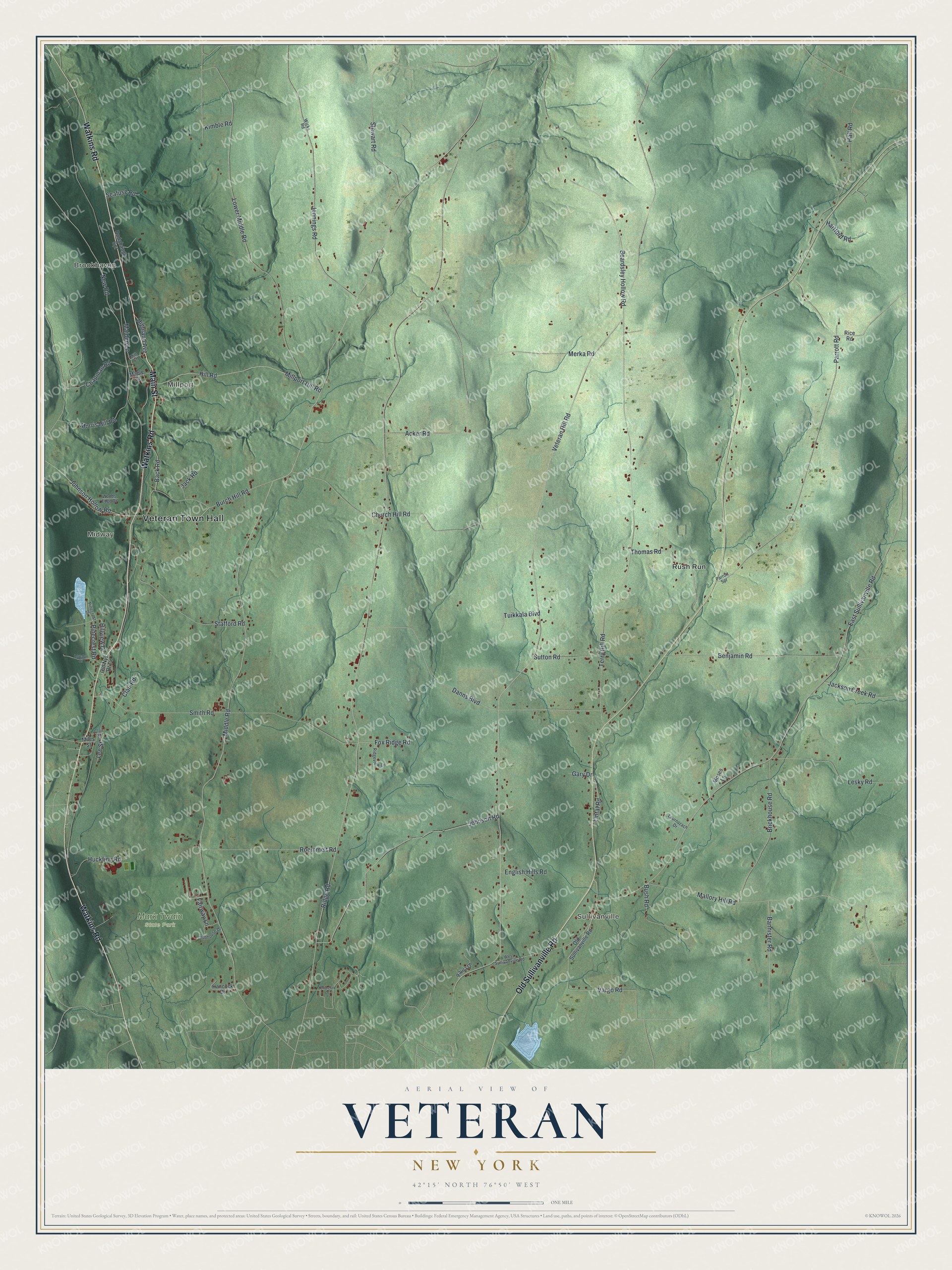 Detailed map of Veteran, New York, showing streets, buildings, neighborhoods, and parks