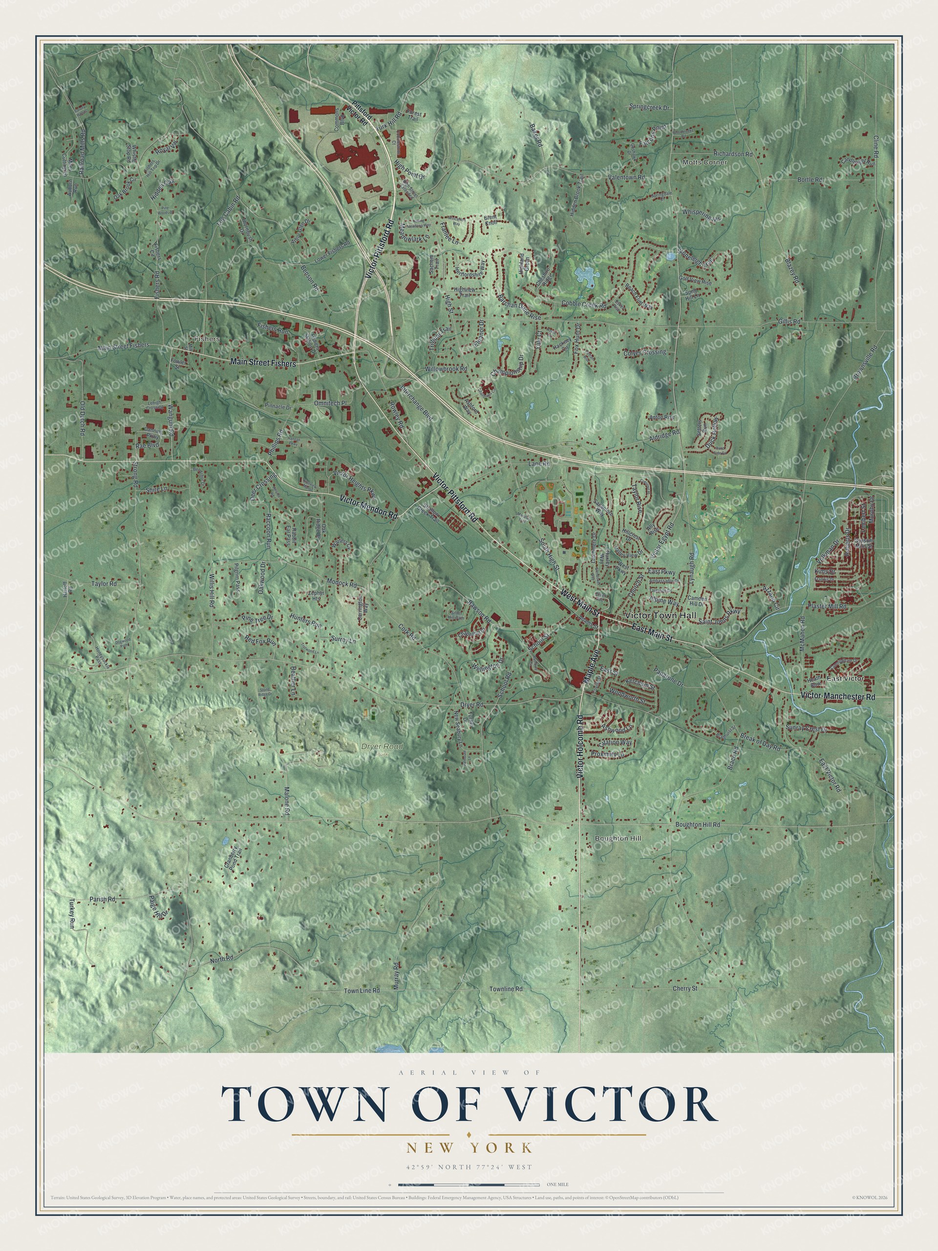 Detailed map of the Town of Victor, New York, showing streets, buildings, neighborhoods, and parks
