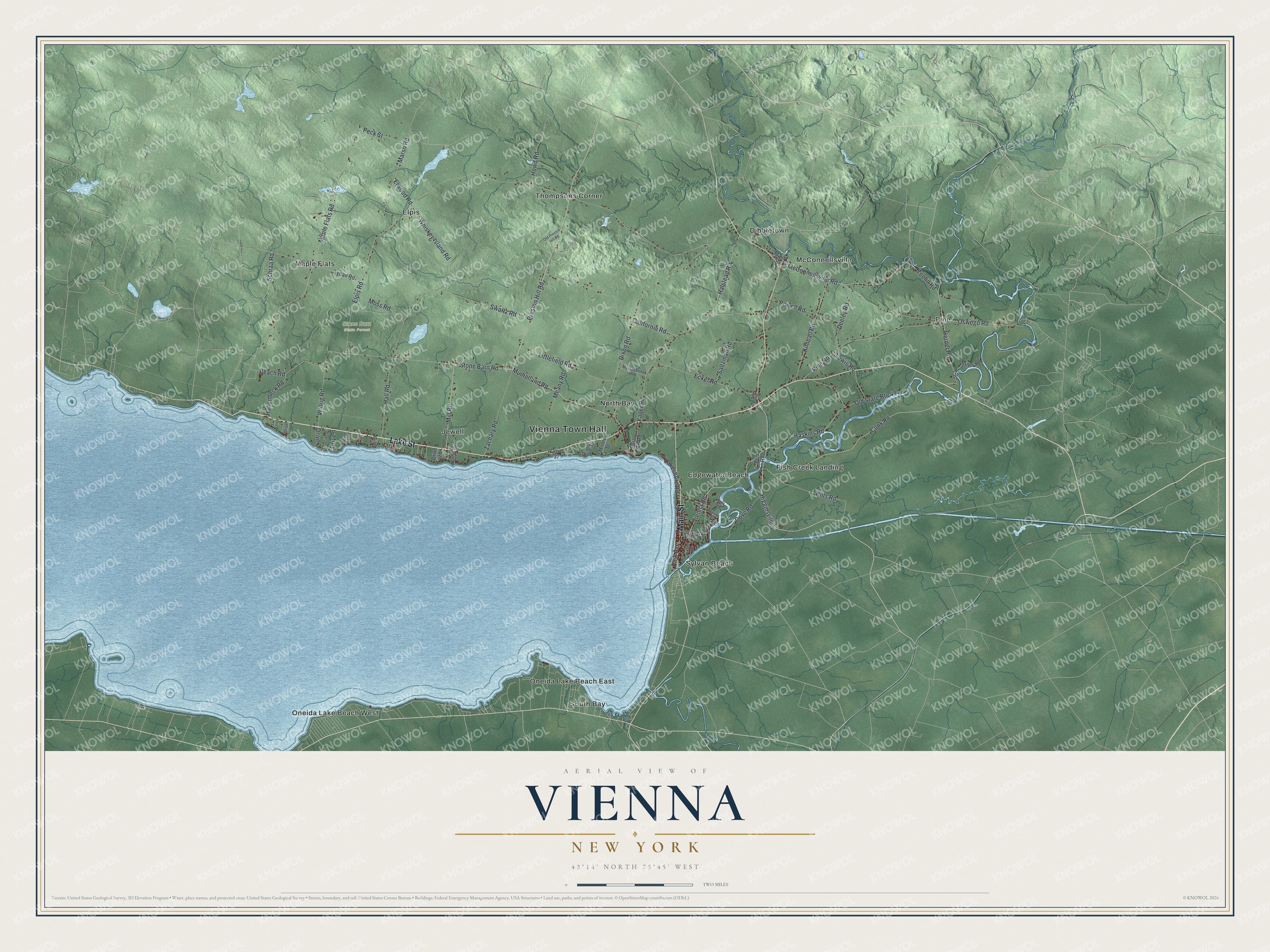 Detailed map of Vienna, New York, showing streets, buildings, neighborhoods, and parks