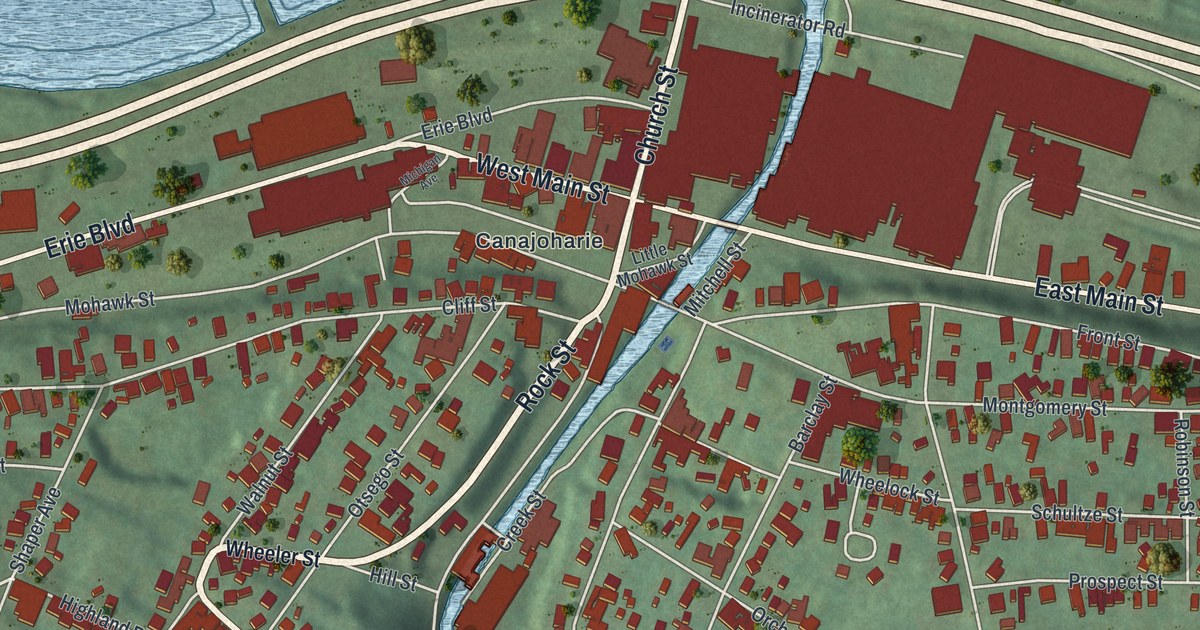 Close-up of streets and buildings in the Village of Canajoharie, New York