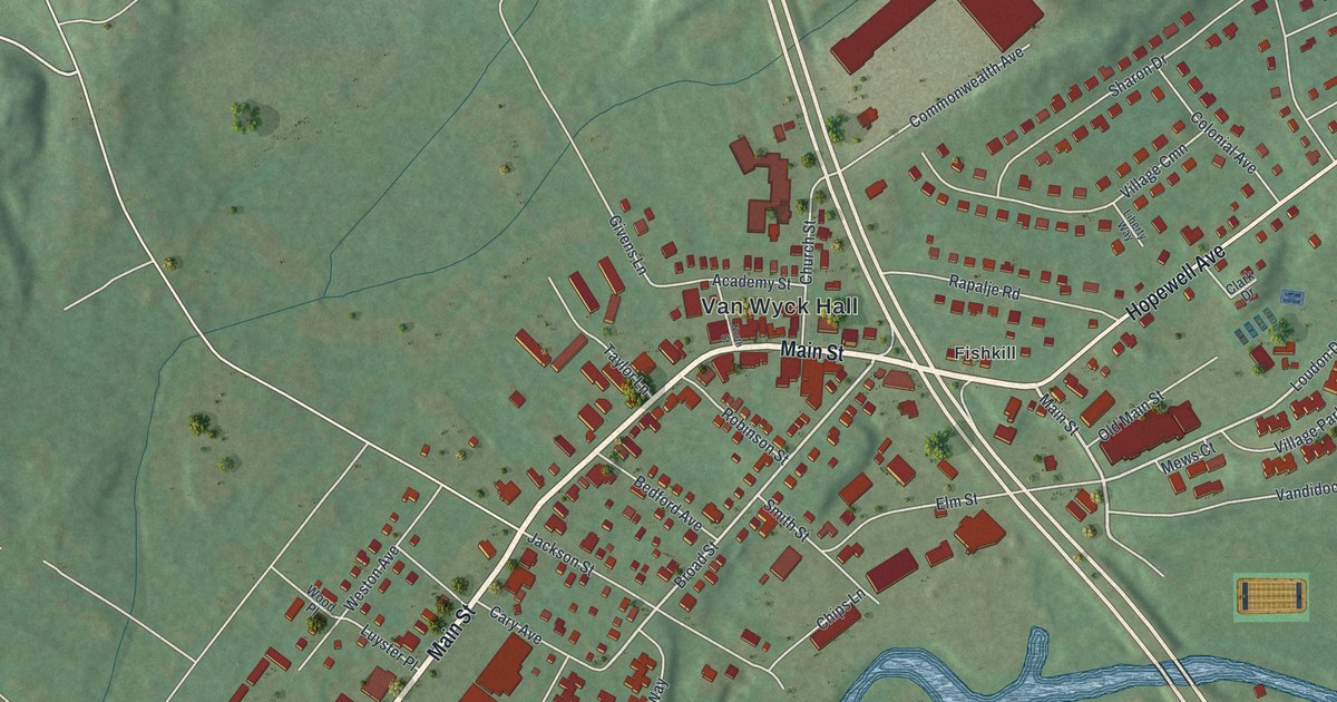 Close-up of streets and buildings in the Village of Fishkill, New York