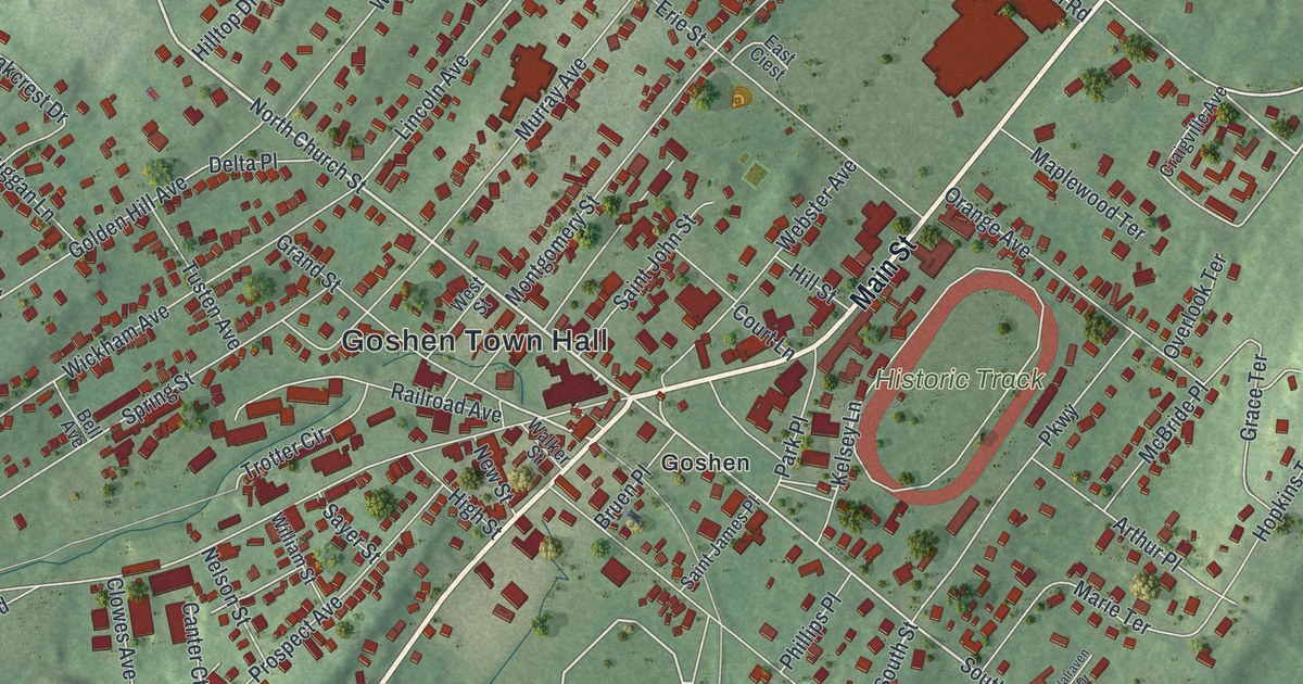 Close-up of streets and buildings in the Village of Goshen, New York
