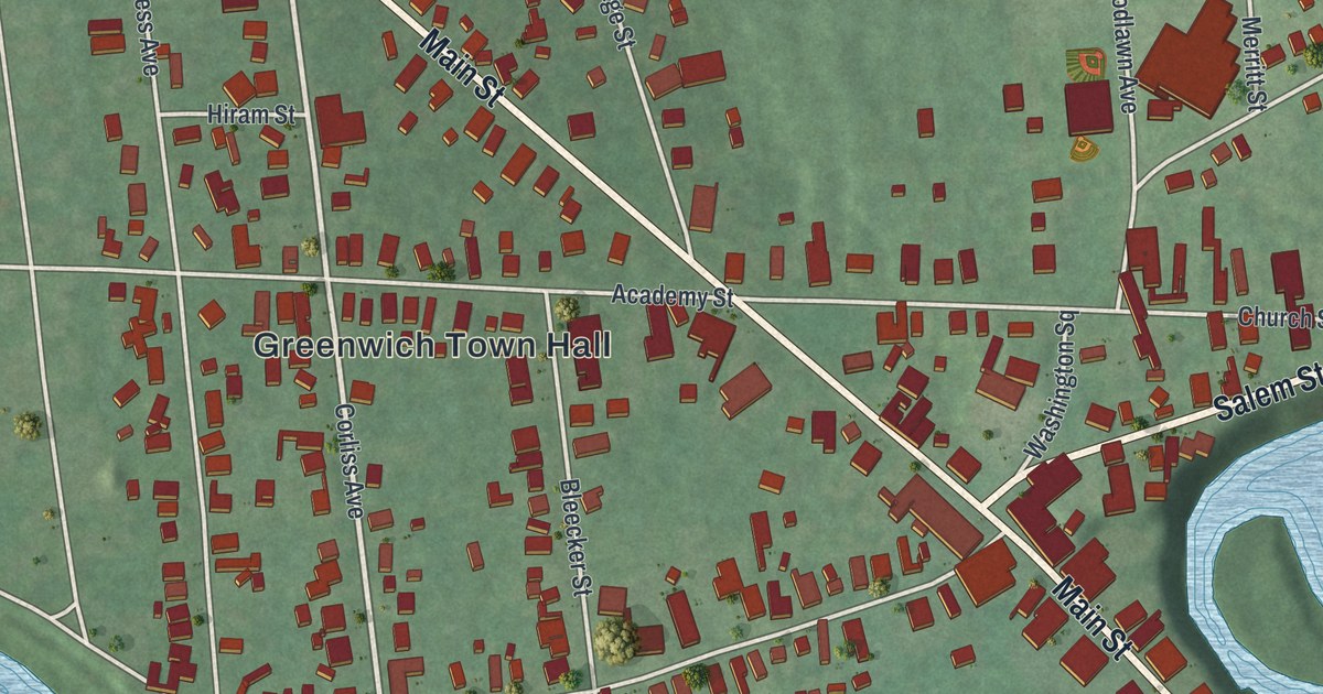 Close-up of streets and buildings in the Village of Greenwich, New York