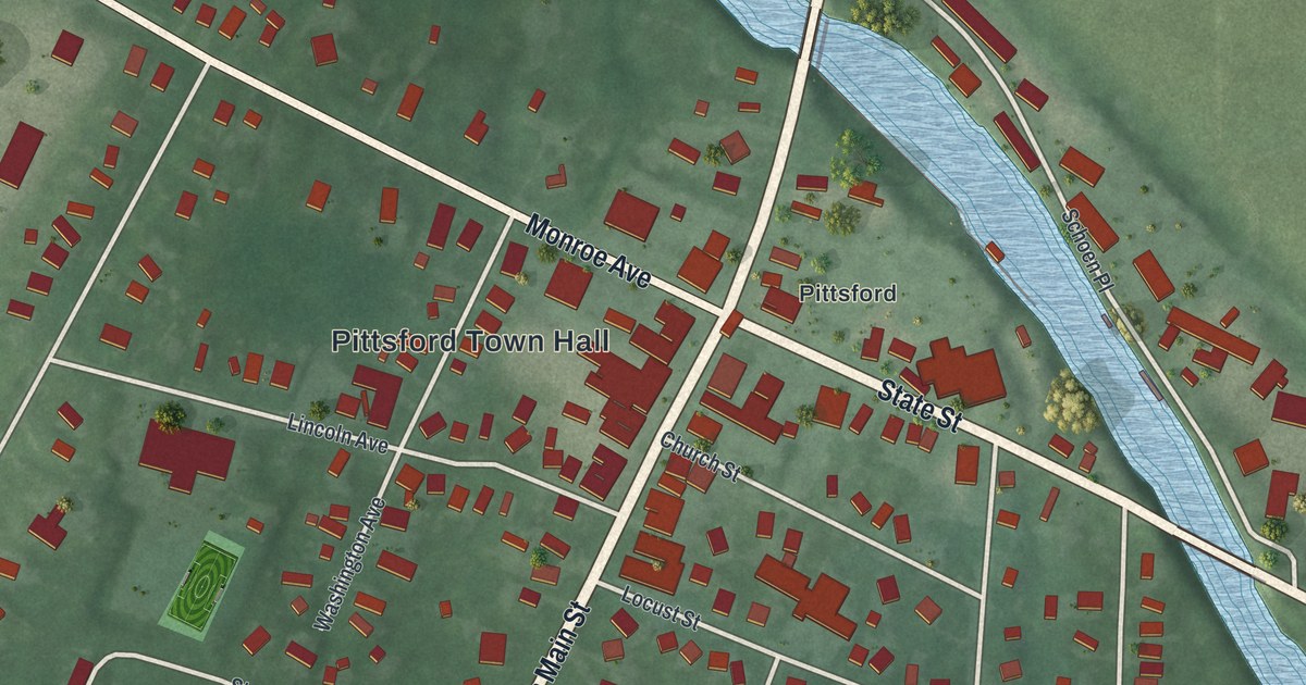 Close-up of streets and buildings in the Village of Pittsford, New York