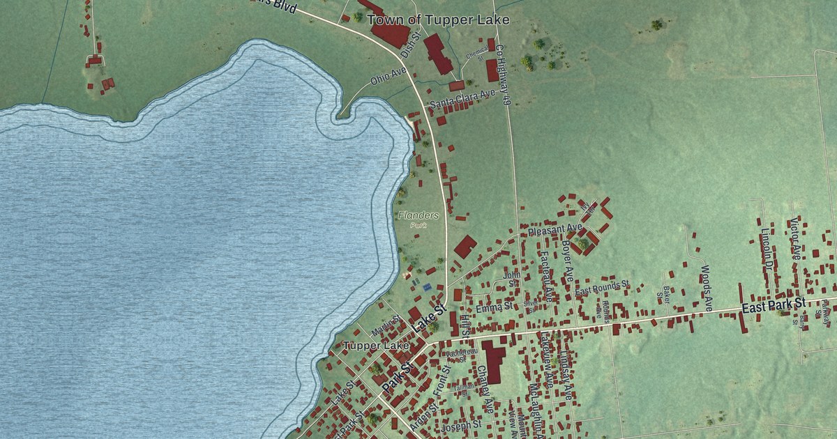 Close-up of streets and buildings in the Village of Tupper Lake, New York