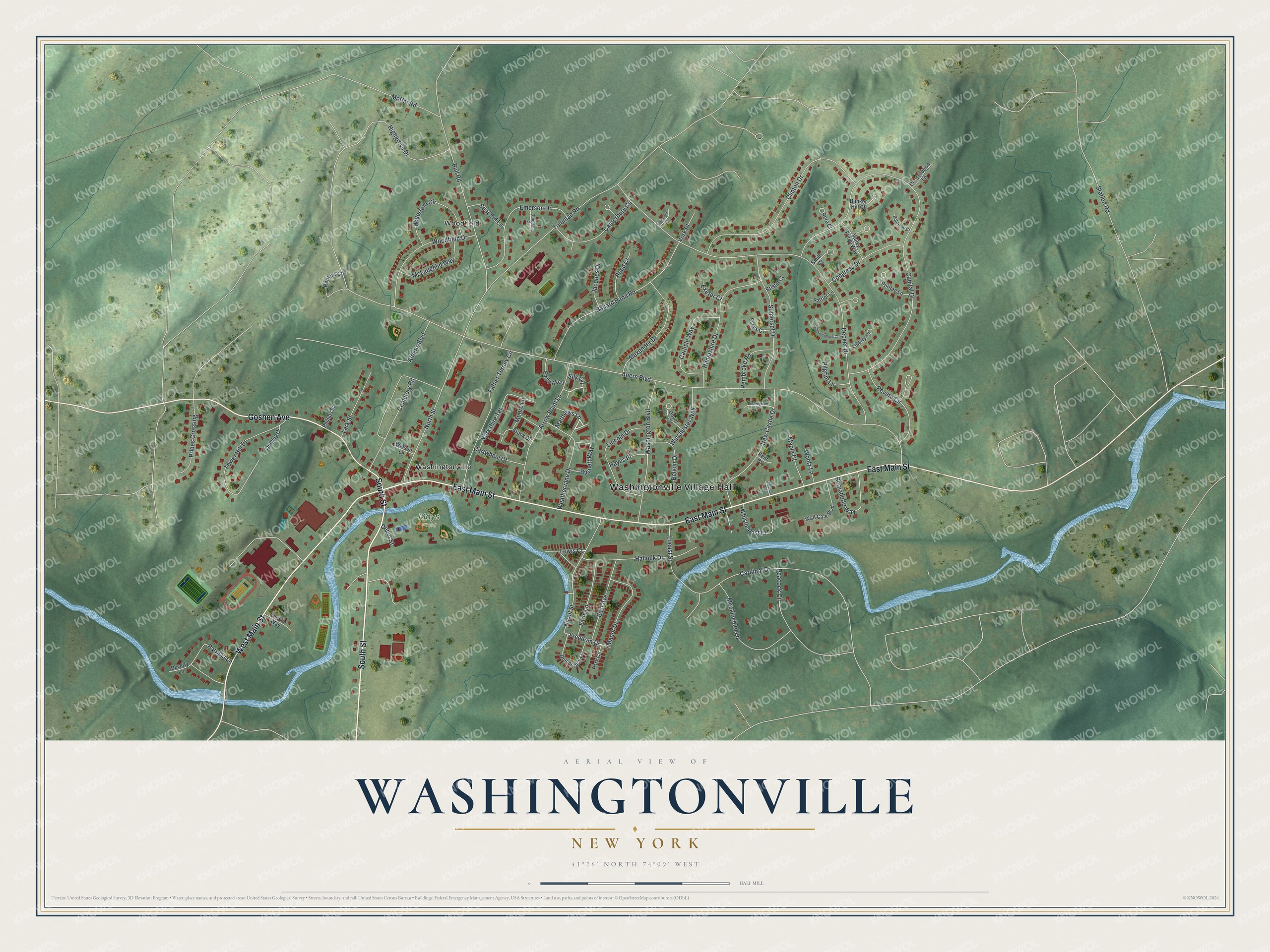 Detailed map of Washingtonville, New York, showing streets and buildings
