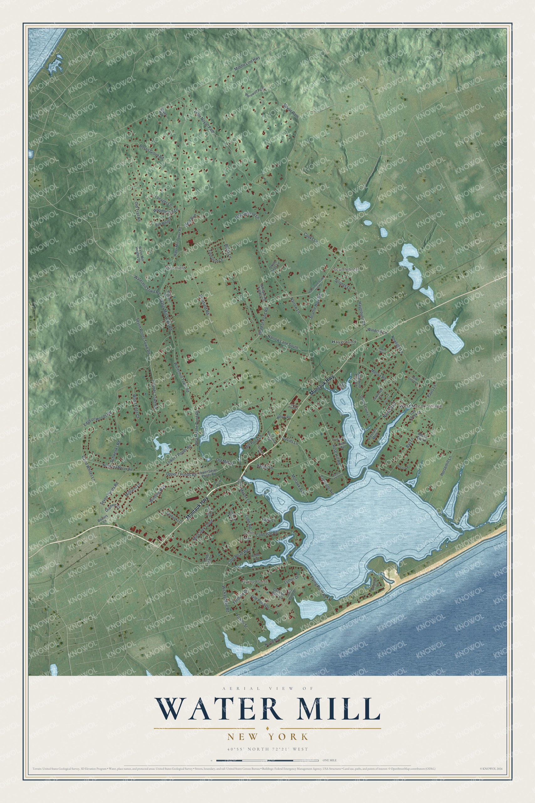 Detailed map of Water Mill, New York, showing streets, buildings, neighborhoods, and beaches