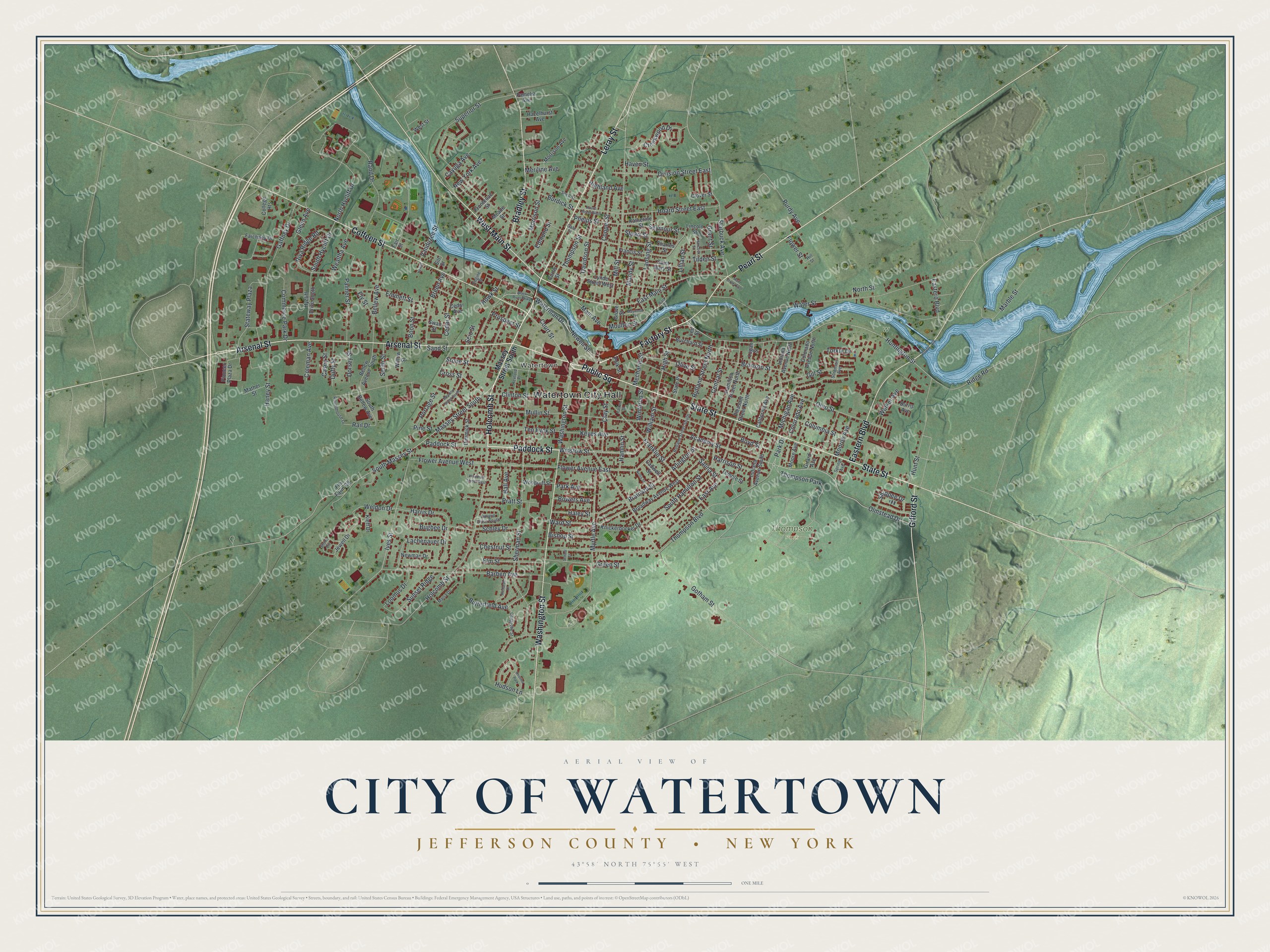 Watermarked full-map preview of Watertown, New York