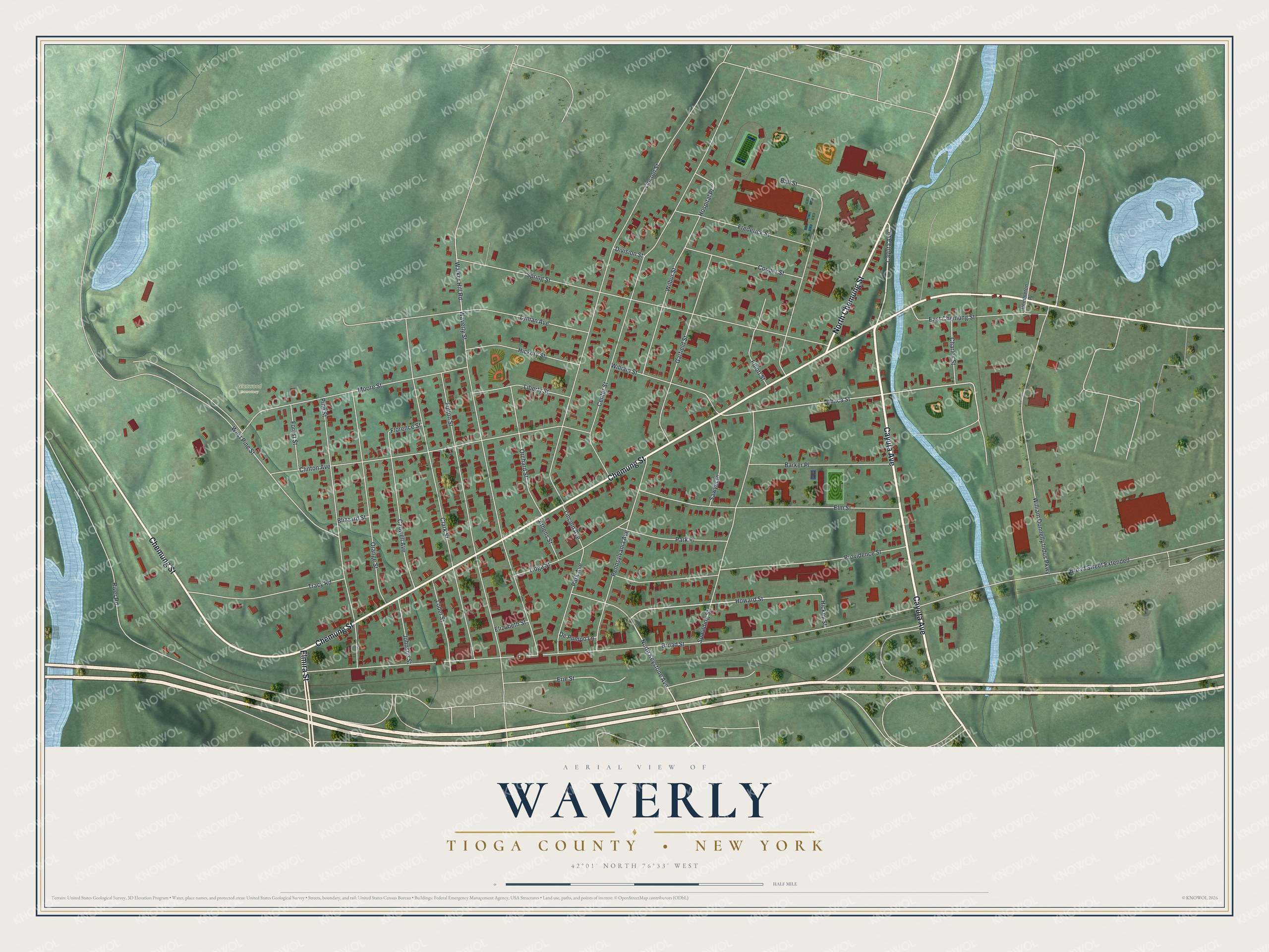 Detailed map of Waverly, Tioga County, New York, showing streets, buildings, and parks