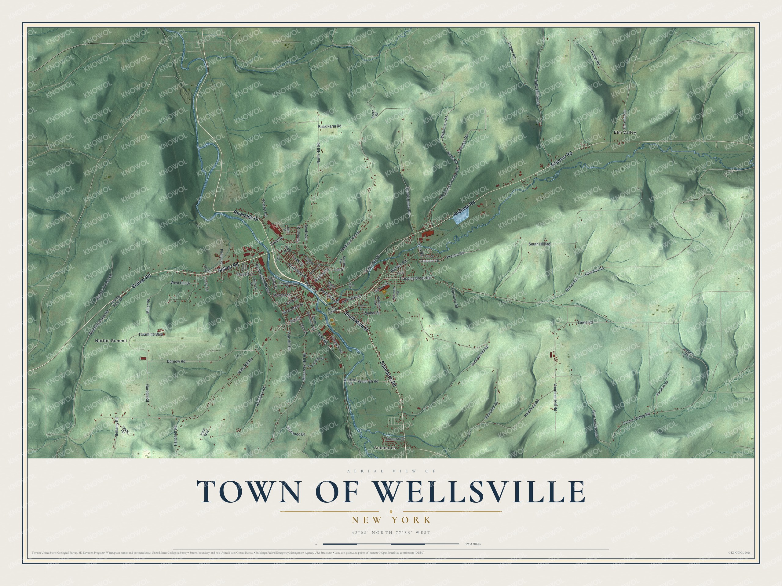 Detailed map of the Town of Wellsville, New York, showing streets, buildings, and neighborhoods