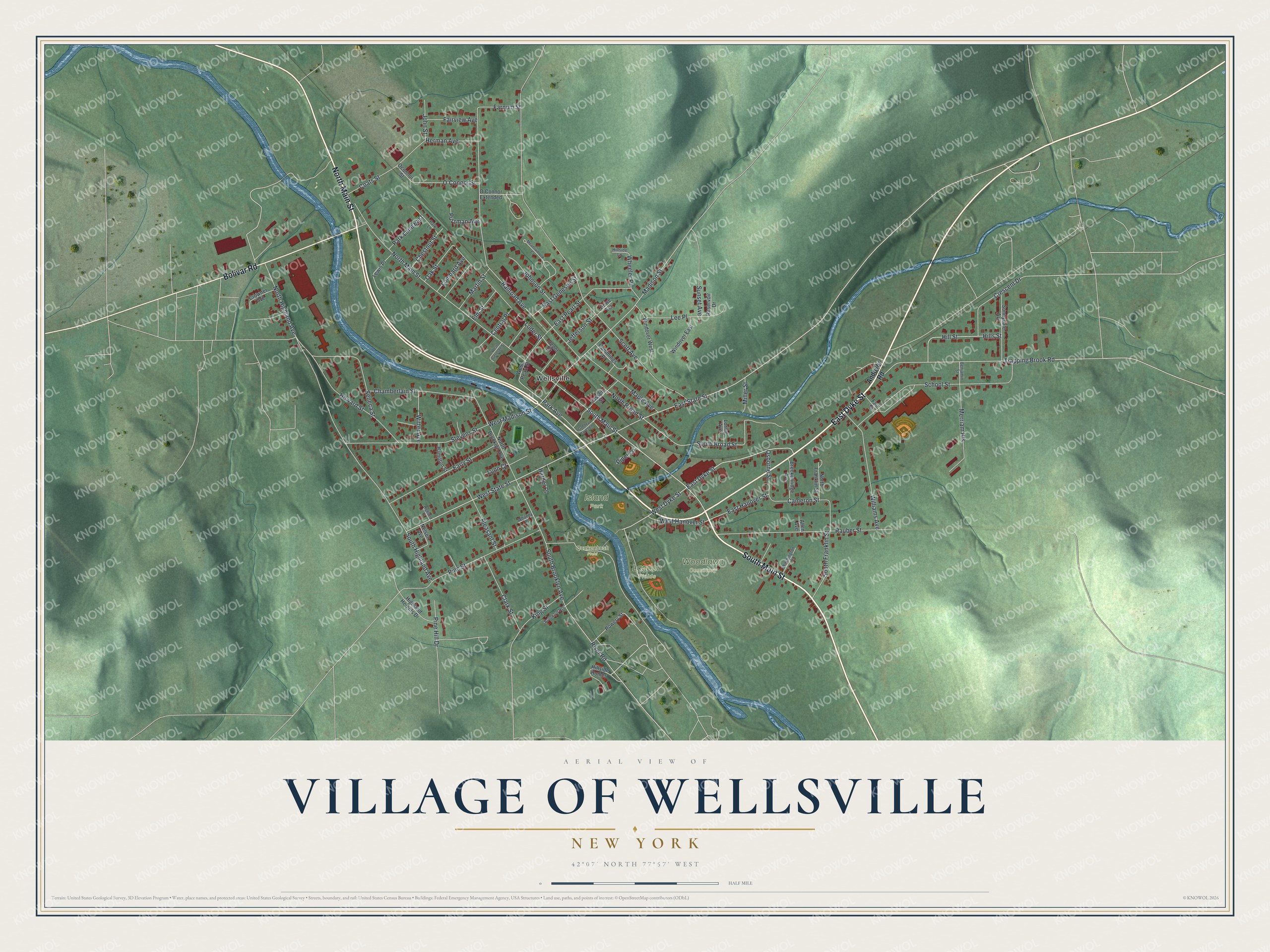 Detailed map of the Village of Wellsville, New York, showing streets, buildings, and parks