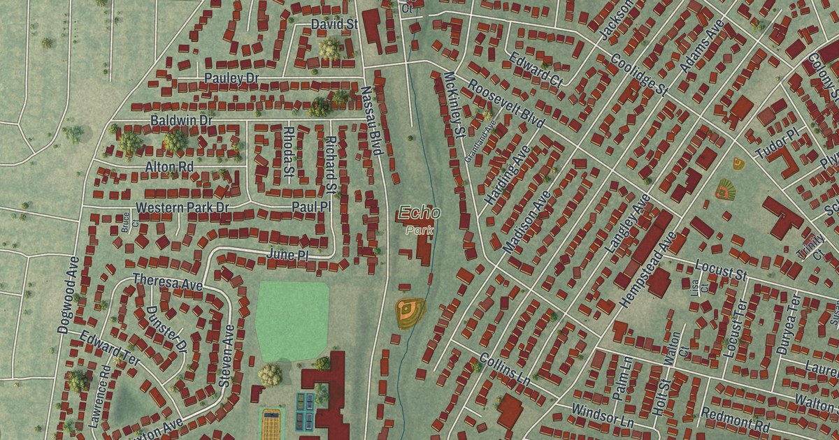 Close-up of streets and buildings in West Hempstead, New York