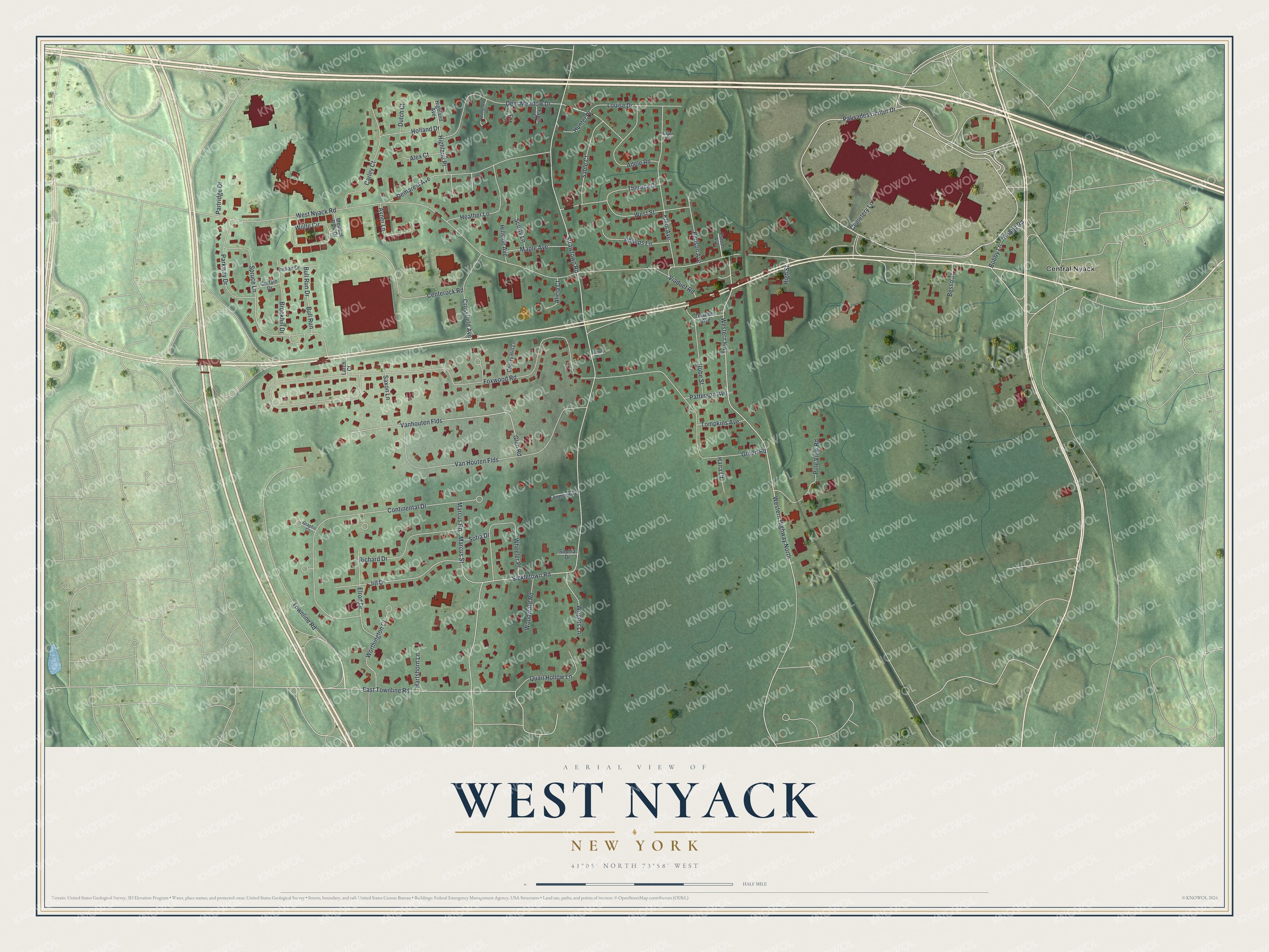 Detailed map of West Nyack, New York, showing streets and buildings