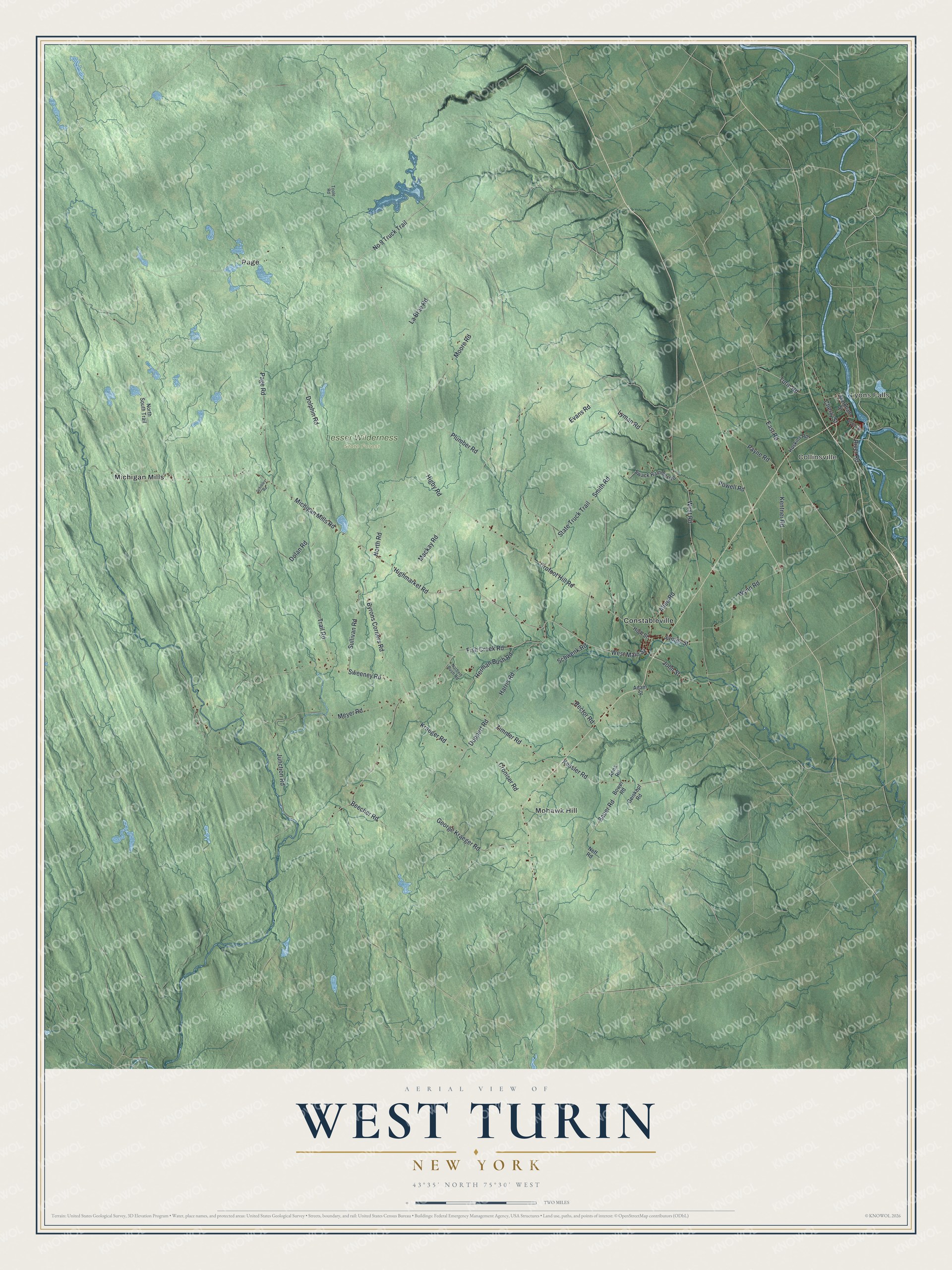 Detailed map of West Turin, New York, showing streets, buildings, neighborhoods, and parks