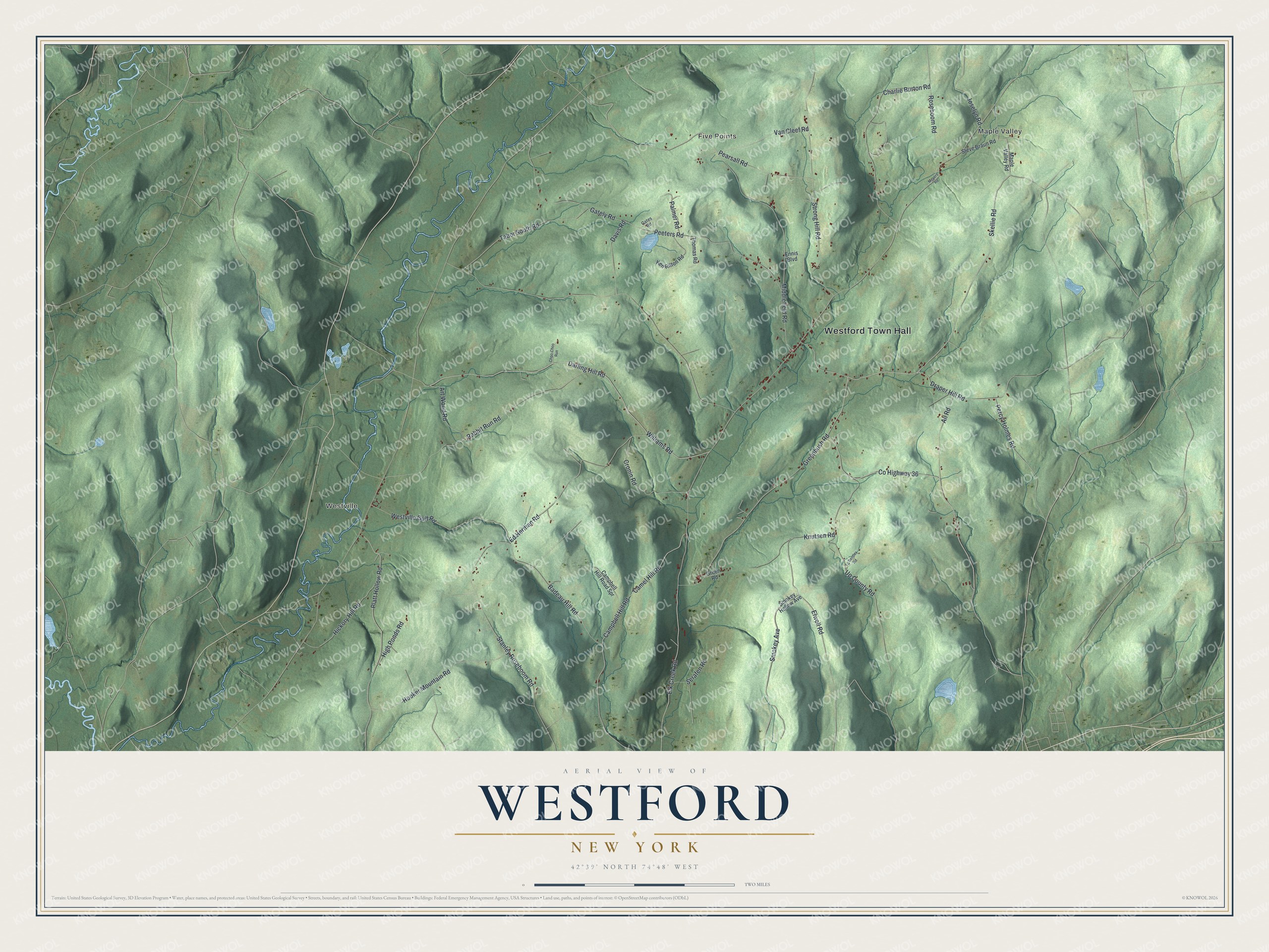Detailed map of Westford, New York, showing streets, buildings, and neighborhoods