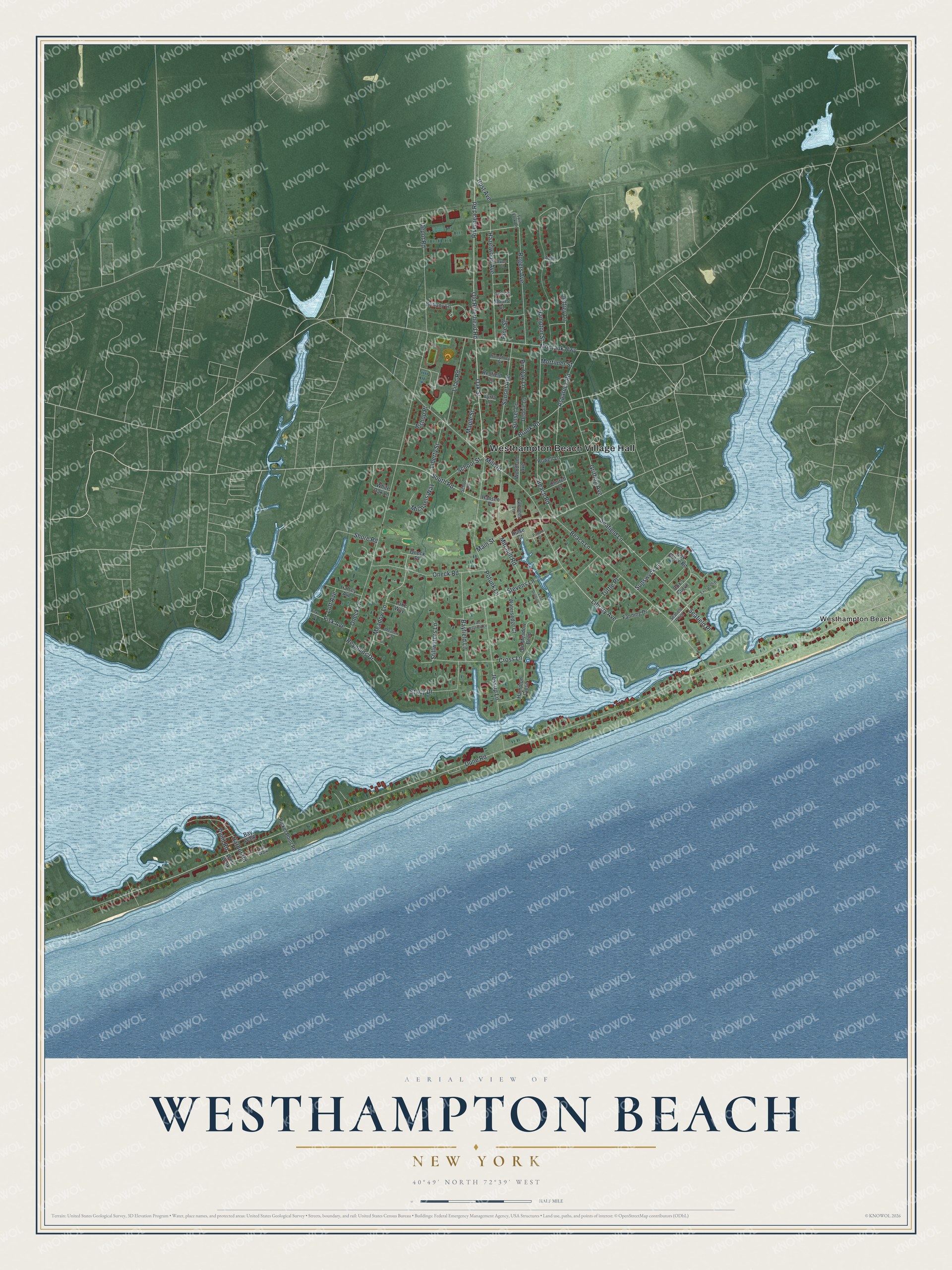 Detailed map of Westhampton Beach, New York, showing streets, buildings, and beaches