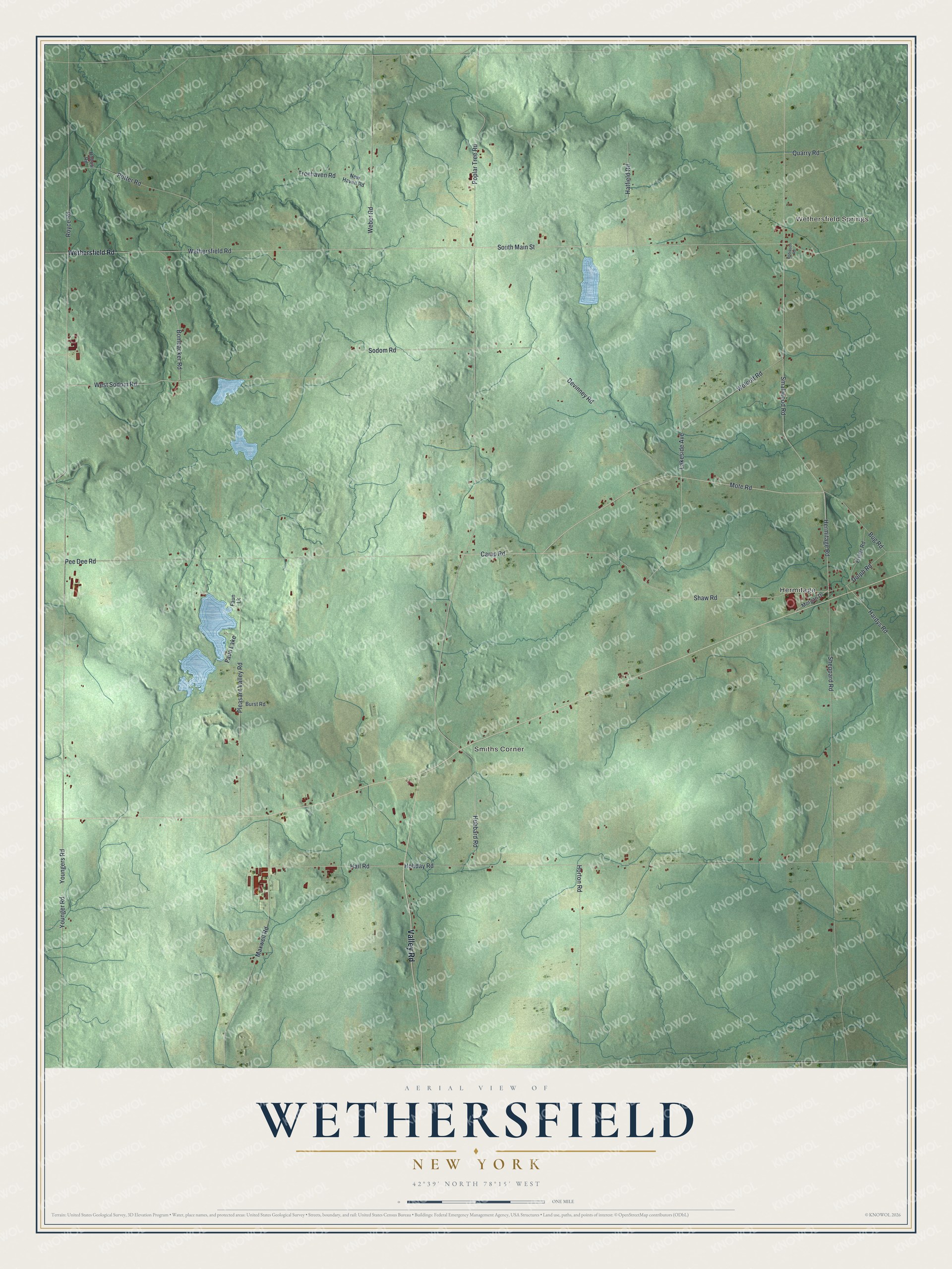 Detailed map of Wethersfield, New York, showing streets, buildings, and neighborhoods