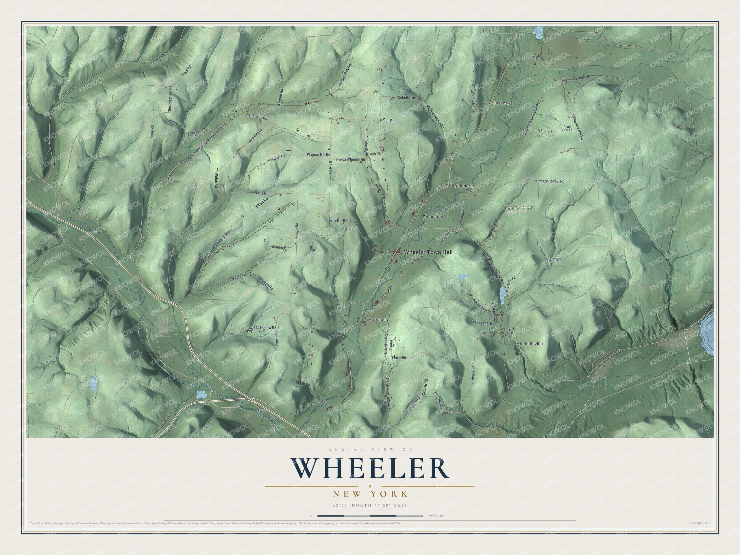 Detailed map of Wheeler, New York, showing streets, buildings, neighborhoods, and parks