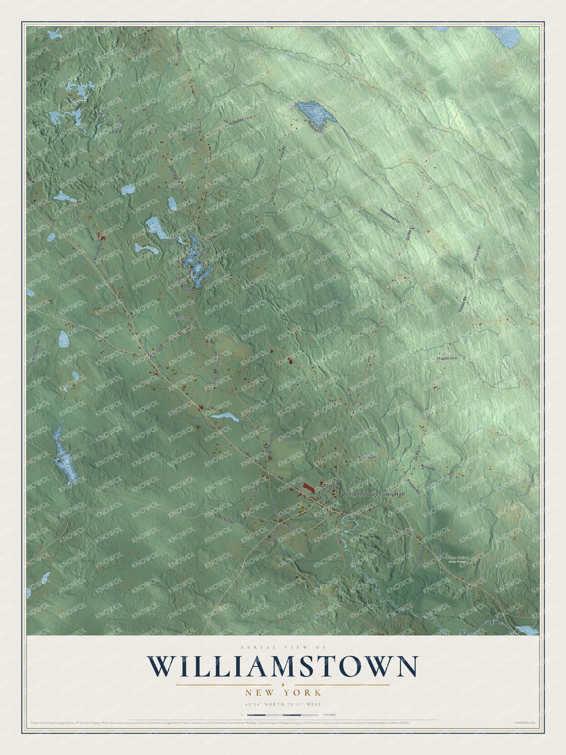 Detailed map of Williamstown, New York, showing streets, buildings, neighborhoods, and parks