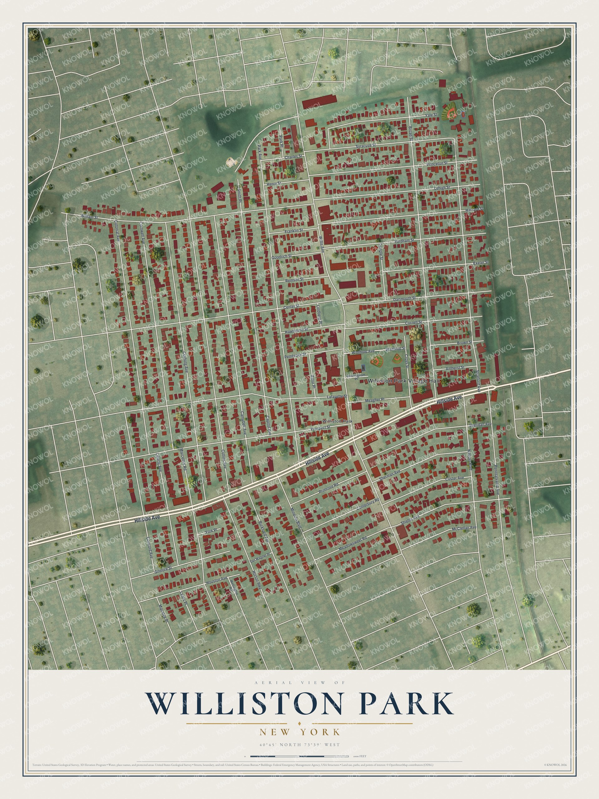 Detailed map of Williston Park, New York, showing streets and buildings