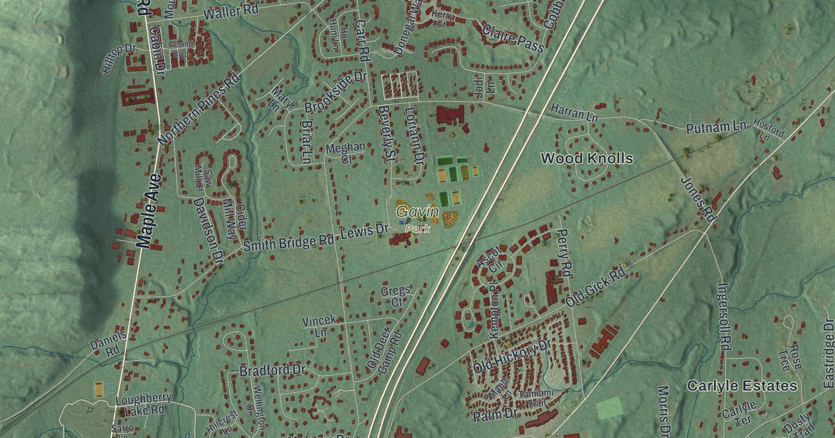 Close-up of streets and buildings in Wilton, New York