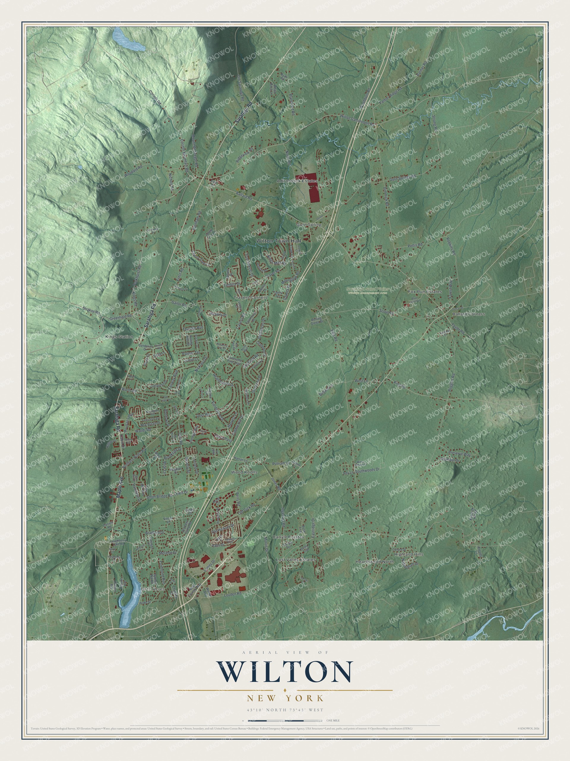 Detailed map of Wilton, New York, showing streets, buildings, neighborhoods, and parks