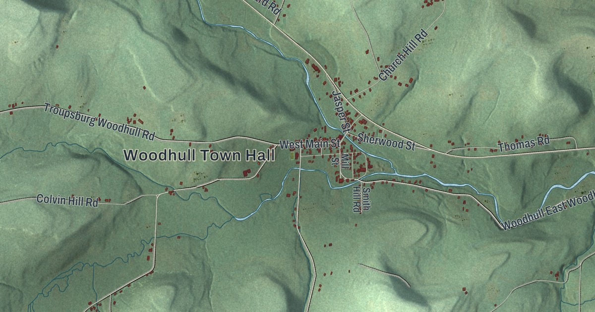 Close-up of streets and buildings in Woodhull, New York