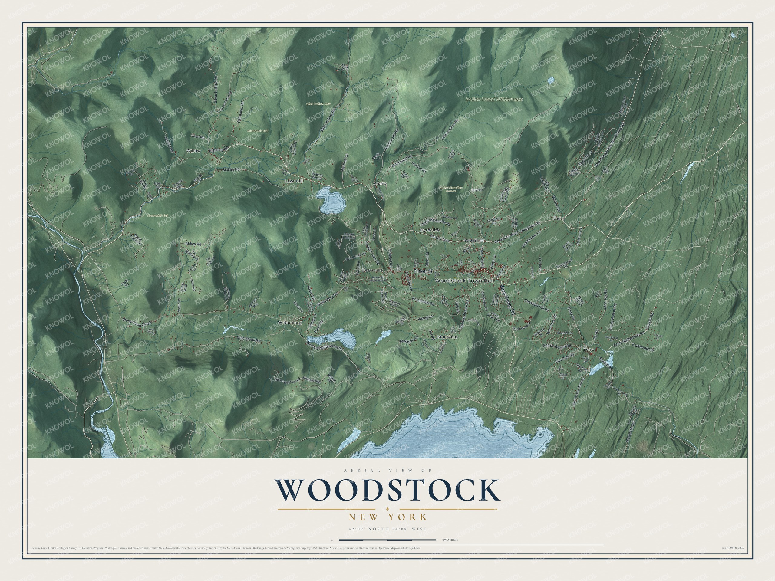 Detailed map of Woodstock, New York, showing streets, buildings, neighborhoods, and parks