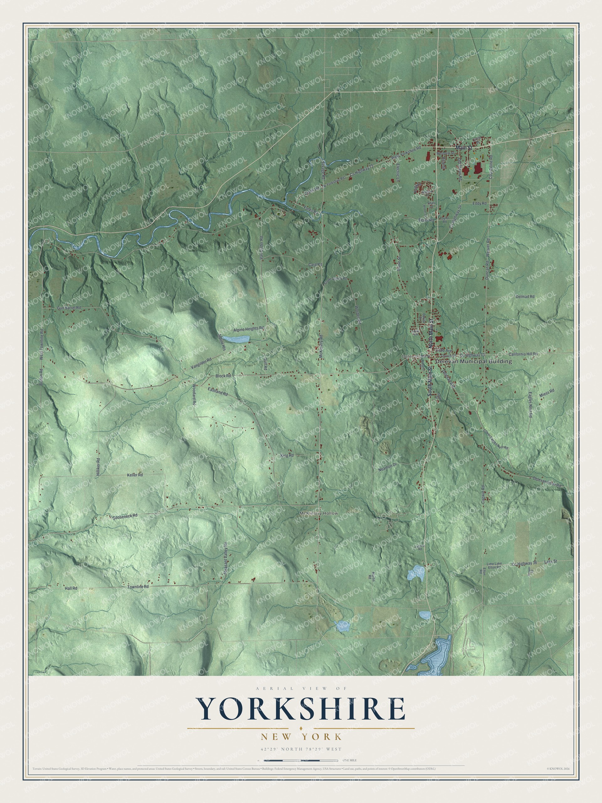 Detailed map of Yorkshire, New York, showing streets, buildings, and neighborhoods