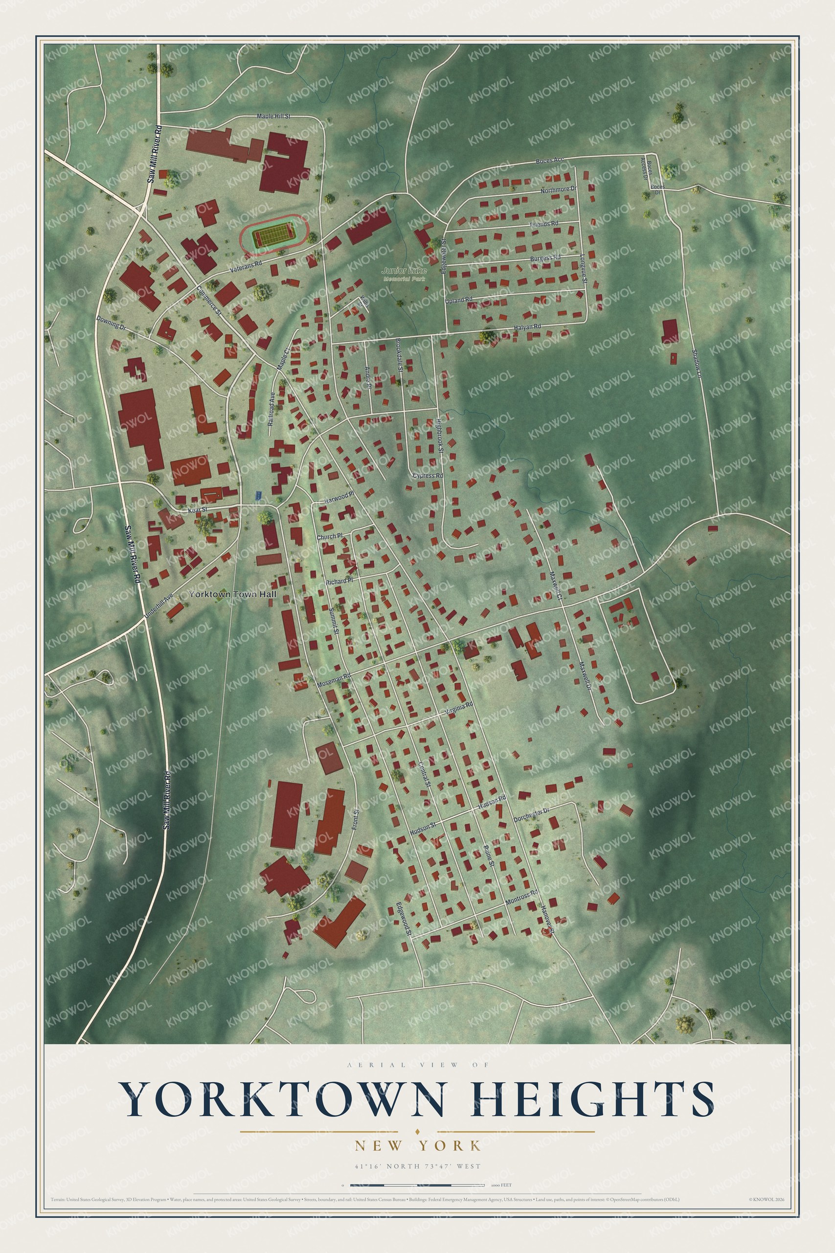 Detailed map of Yorktown Heights, New York, showing streets, buildings, and parks