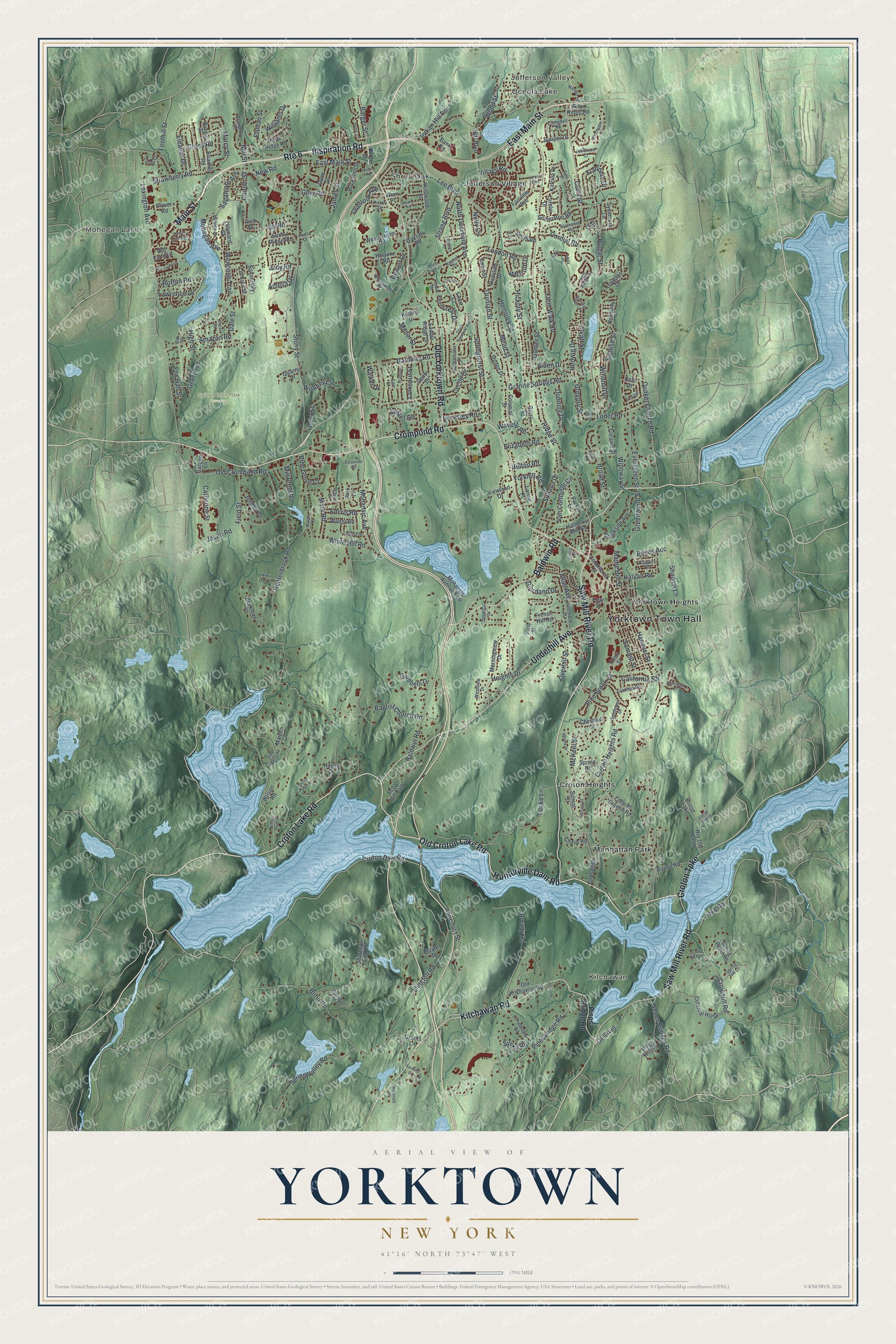 Detailed map of Yorktown, New York, showing streets, buildings, neighborhoods, and parks